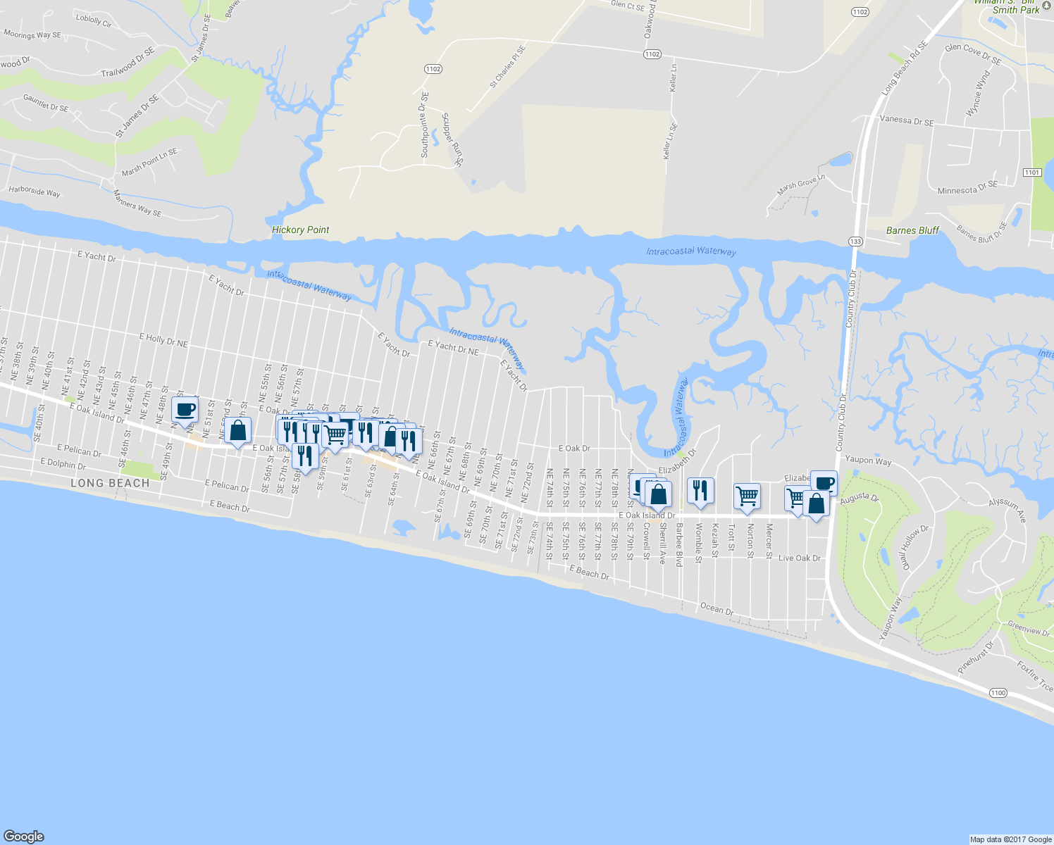 map of restaurants, bars, coffee shops, grocery stores, and more near 212 Northeast 71st Street in Oak Island
