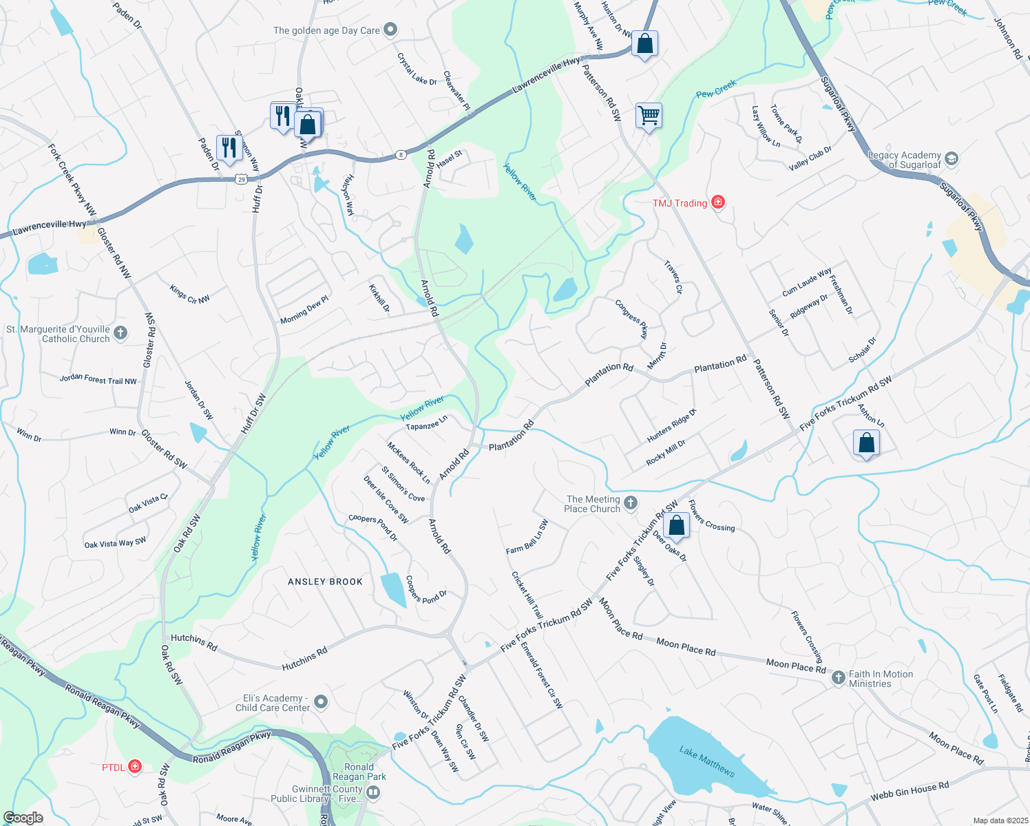 map of restaurants, bars, coffee shops, grocery stores, and more near 2235 Mint Julep Court in Lawrenceville