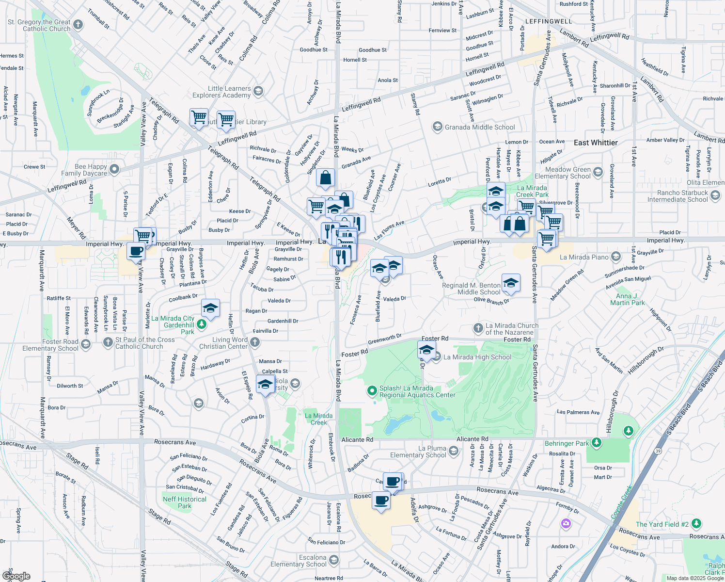 map of restaurants, bars, coffee shops, grocery stores, and more near 15105 Aloe Drive in La Mirada