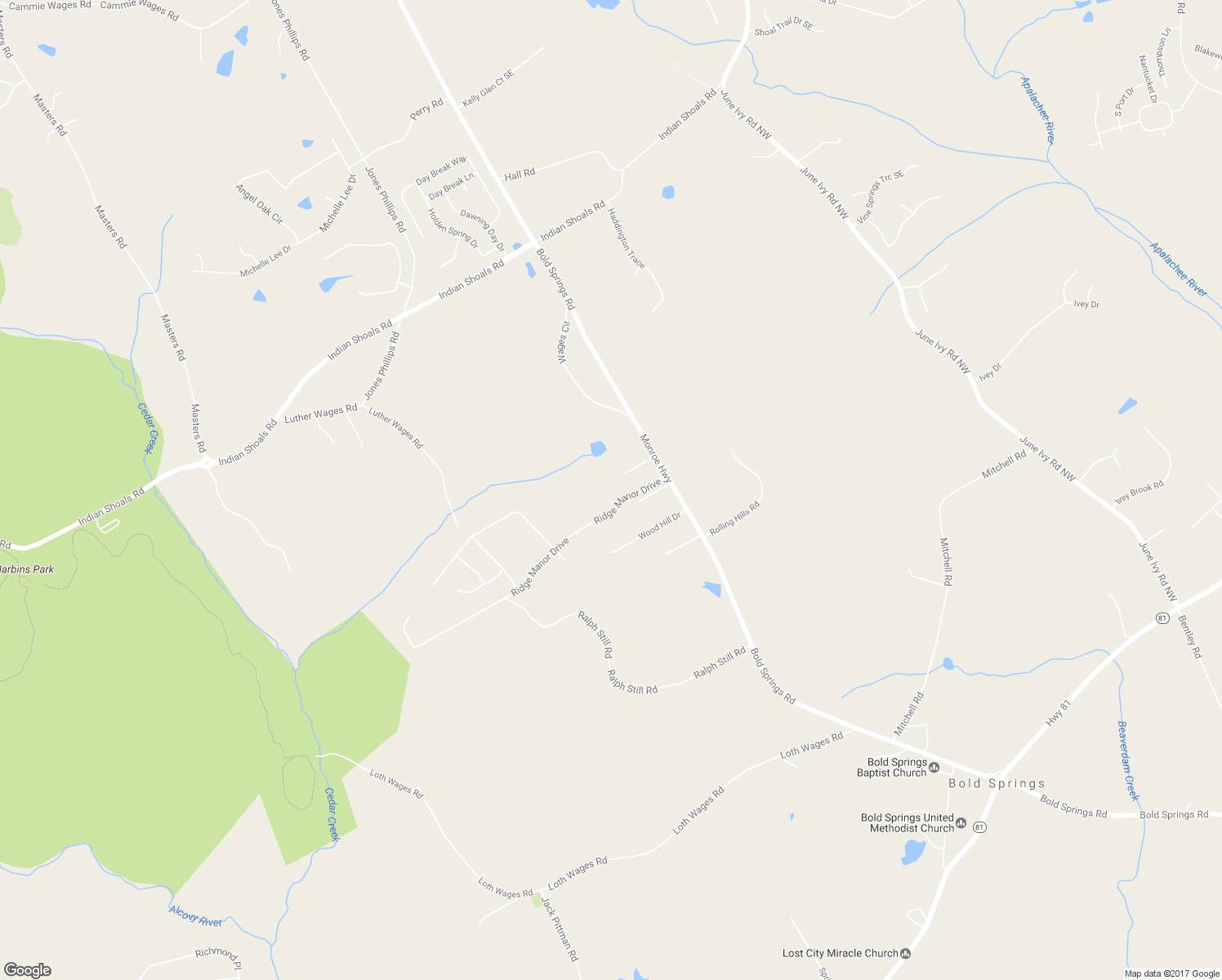 map of restaurants, bars, coffee shops, grocery stores, and more near 3359 Bold Springs Road in Dacula