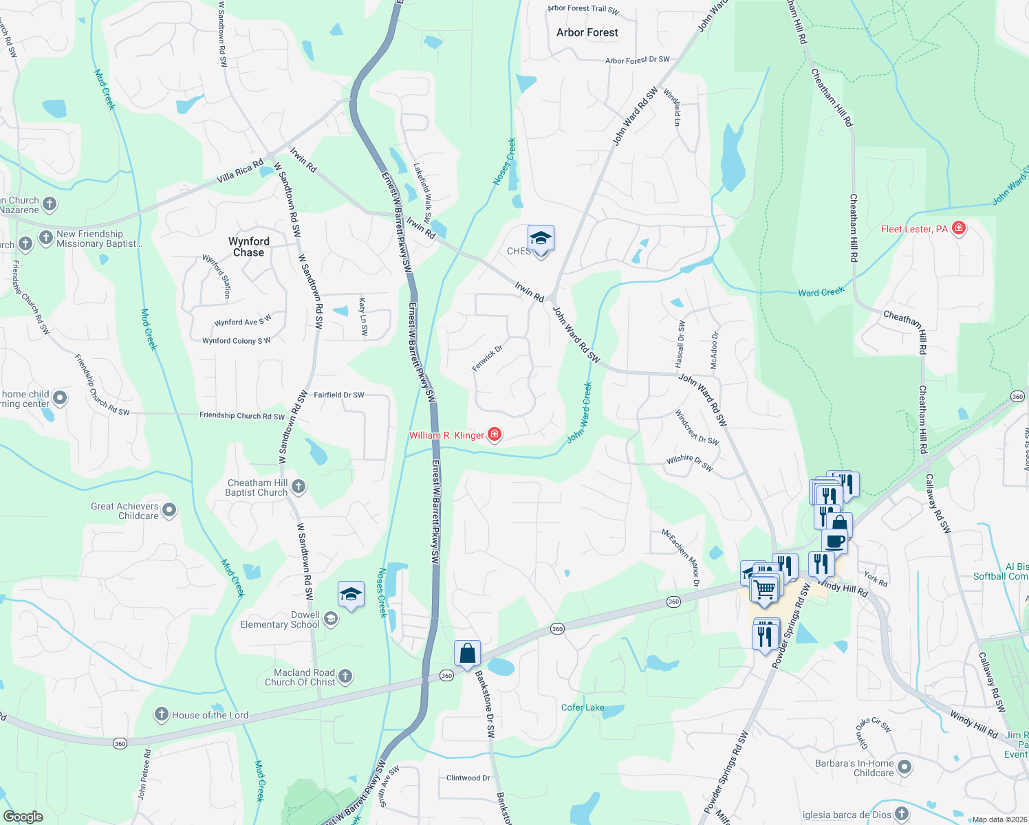 map of restaurants, bars, coffee shops, grocery stores, and more near 1463 Fenwick Drive in Marietta