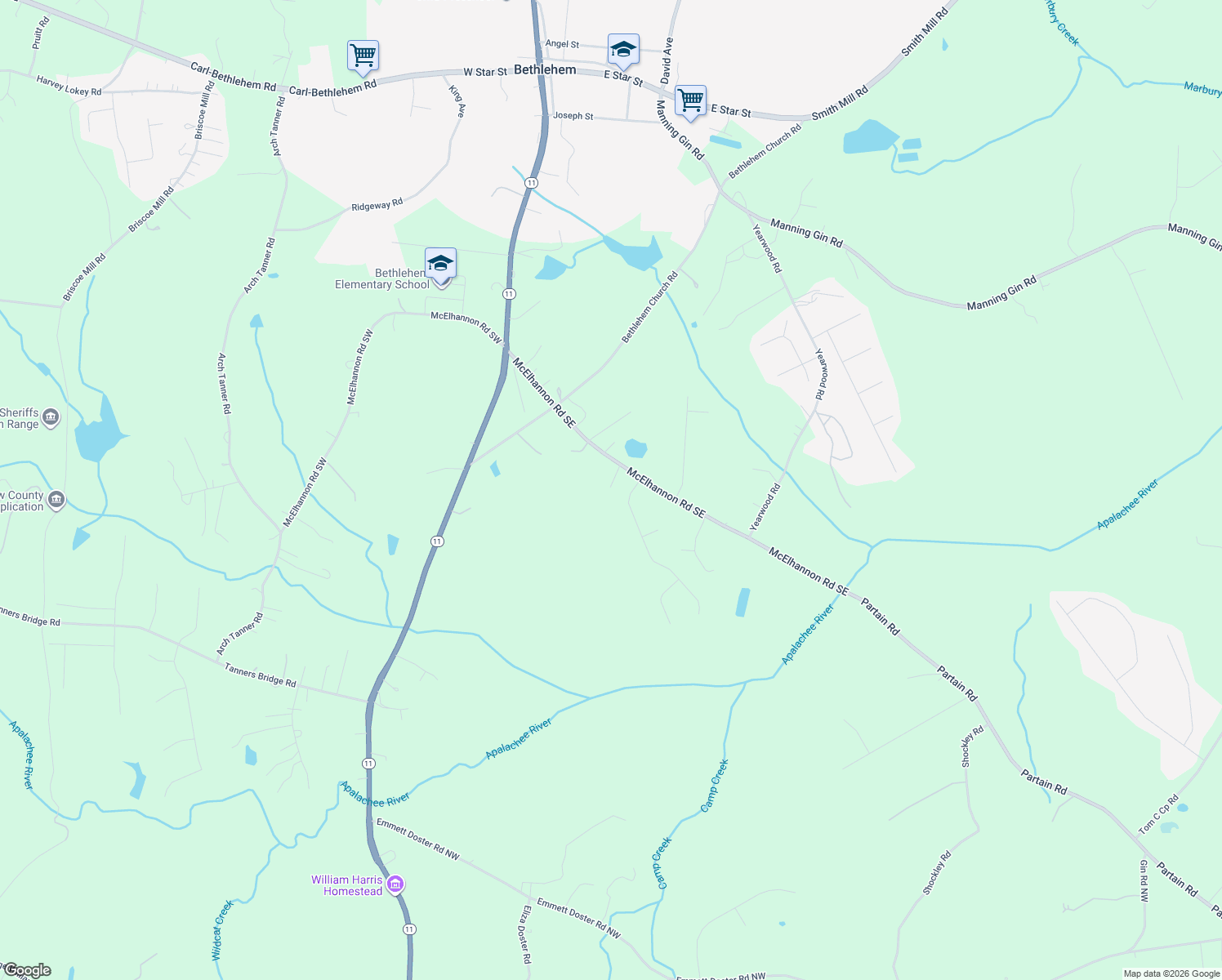 map of restaurants, bars, coffee shops, grocery stores, and more near 115 McElhannon Road Southeast in Bethlehem