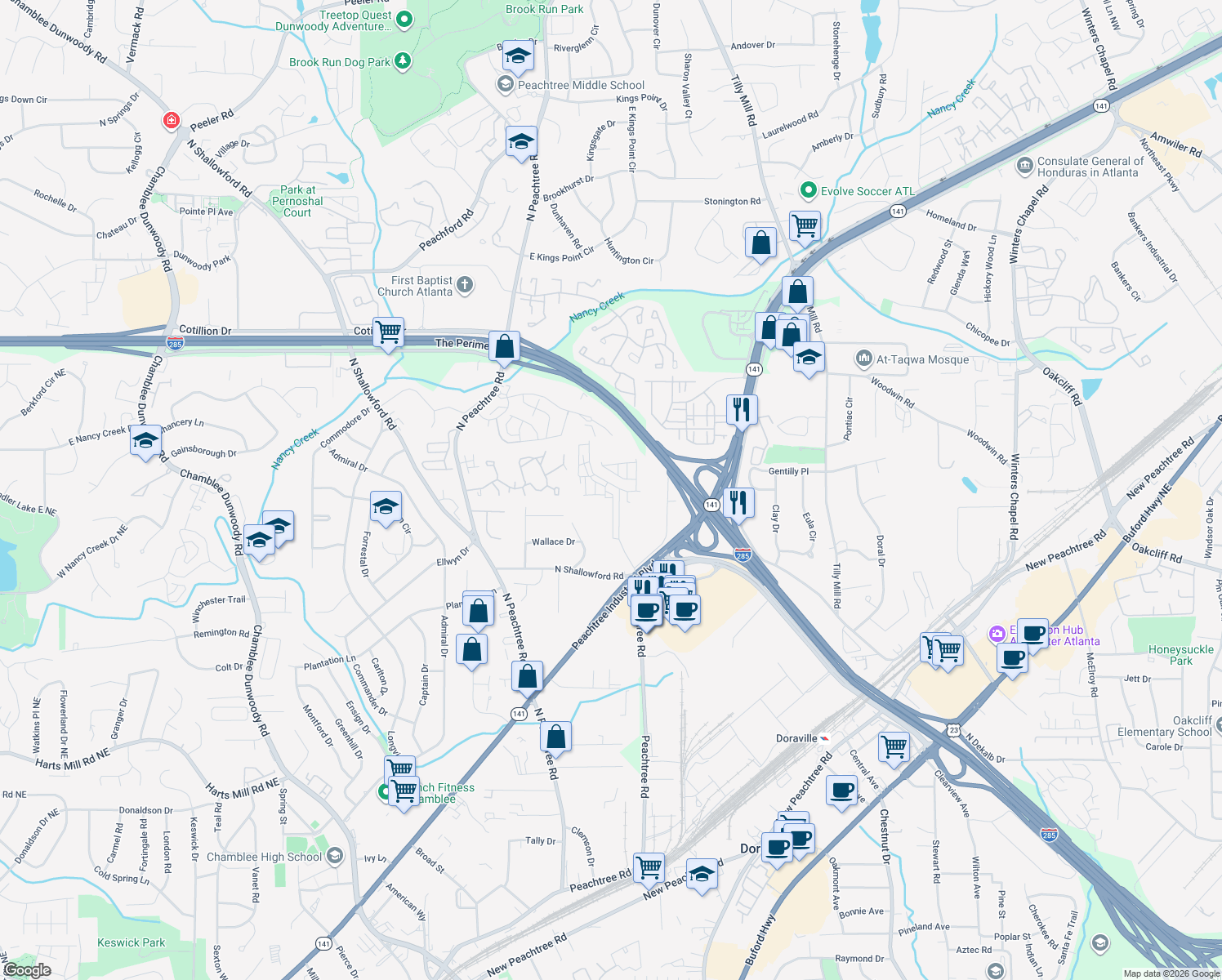 map of restaurants, bars, coffee shops, grocery stores, and more near 4107 Deacon Lane in Atlanta