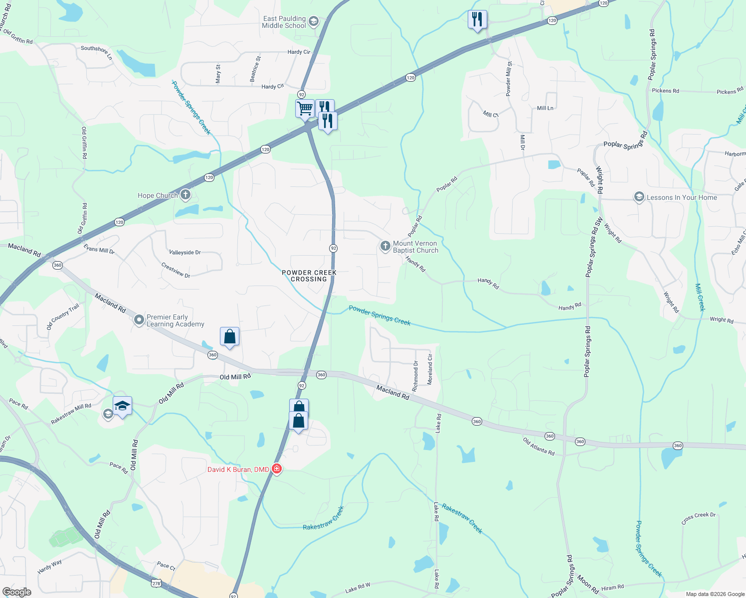 map of restaurants, bars, coffee shops, grocery stores, and more near 95 Ryan Tr in Dallas