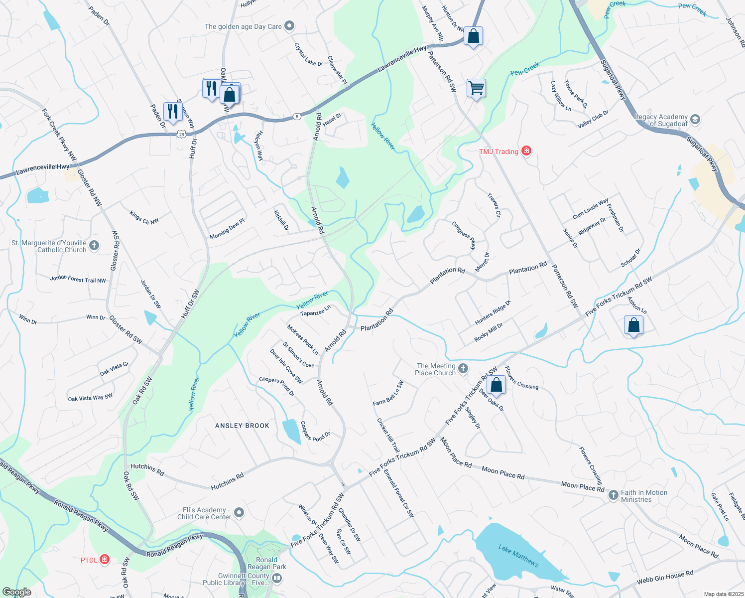 map of restaurants, bars, coffee shops, grocery stores, and more near 2235 Mint Julep Court in Lawrenceville