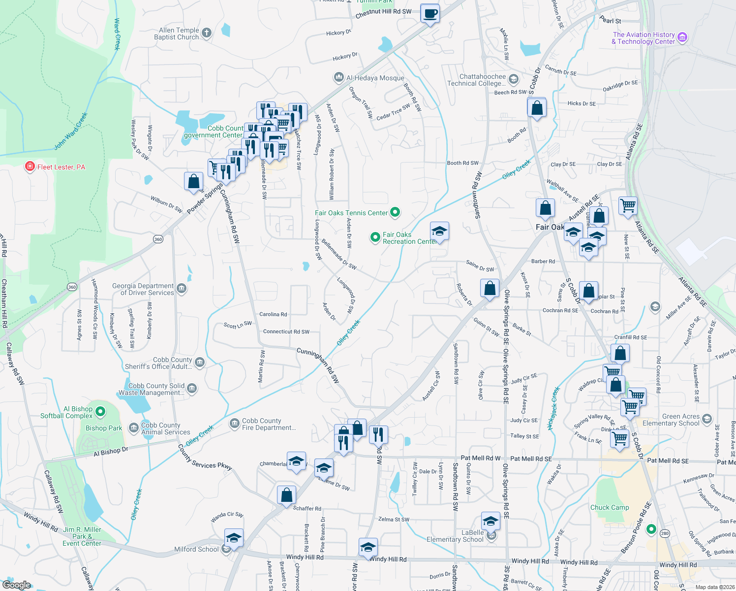 map of restaurants, bars, coffee shops, grocery stores, and more near 1550 Brandon Drive Southwest in Marietta