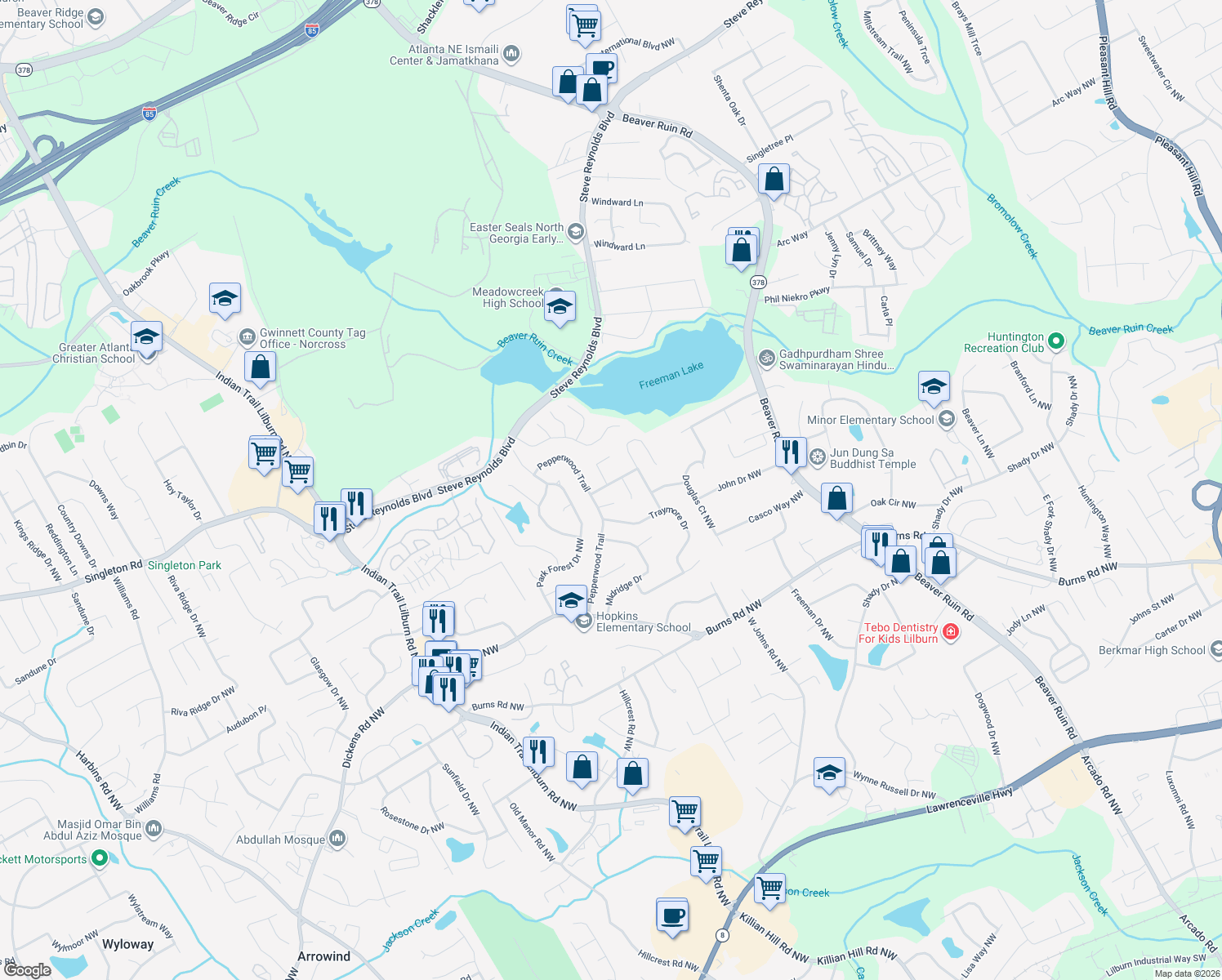 map of restaurants, bars, coffee shops, grocery stores, and more near 4650 Saybrook Dr in Norcross
