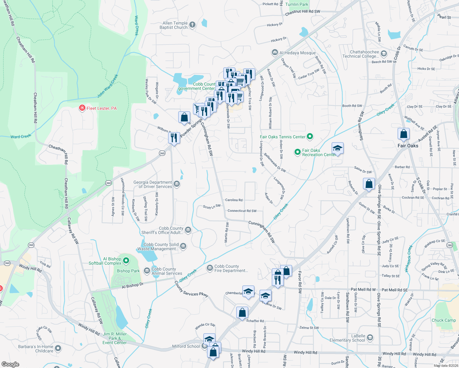 map of restaurants, bars, coffee shops, grocery stores, and more near 736 Evelyn Ln in Marietta