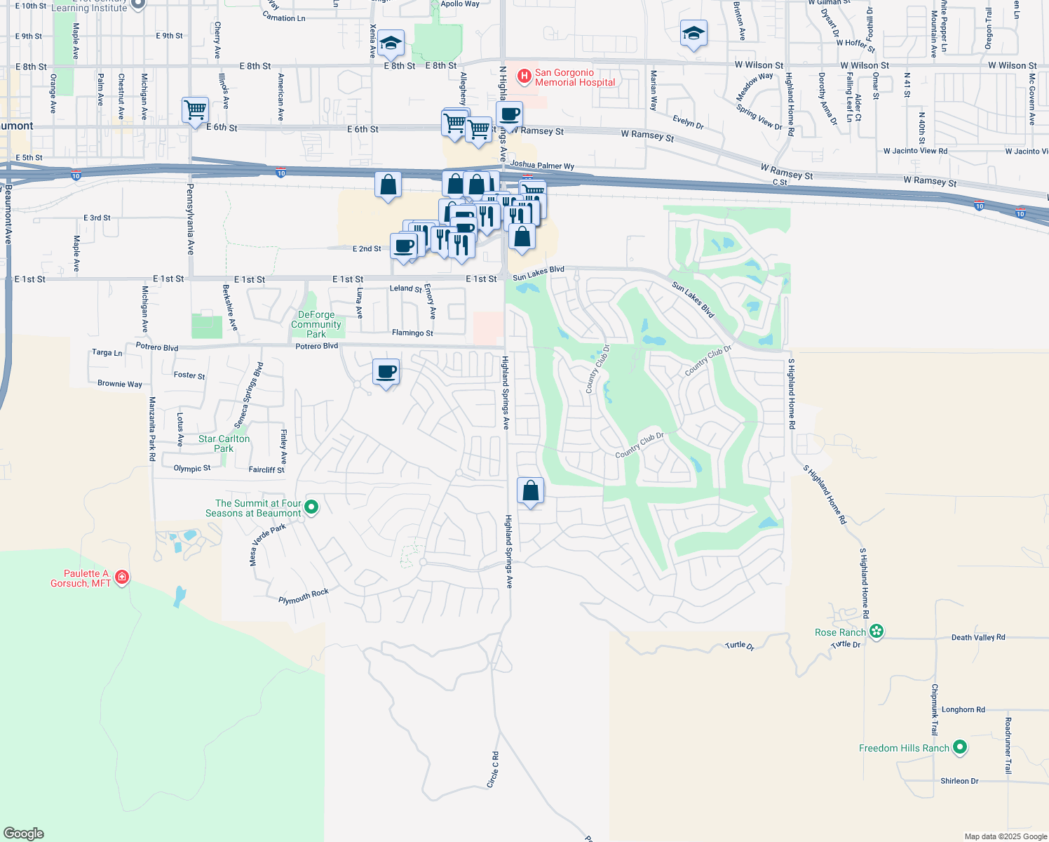 map of restaurants, bars, coffee shops, grocery stores, and more near 1281 Green Island Street in Banning