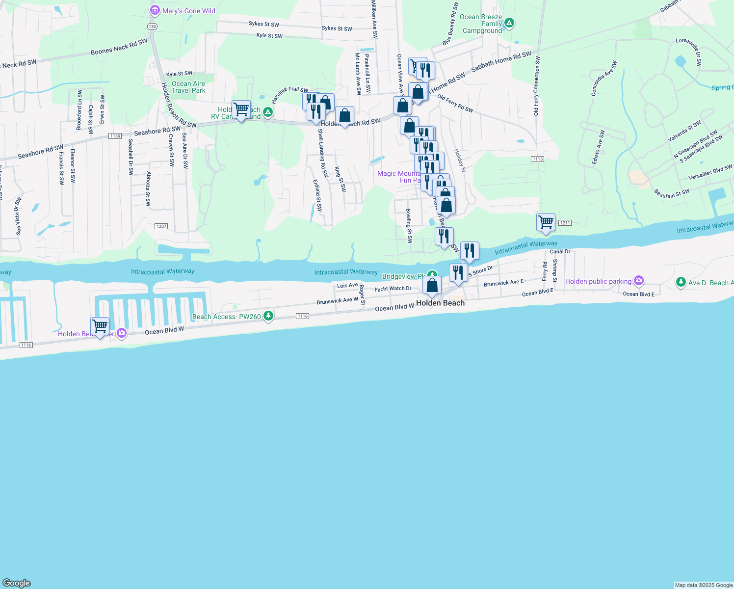 map of restaurants, bars, coffee shops, grocery stores, and more near 198 Brunswick Avenue West in Holden Beach
