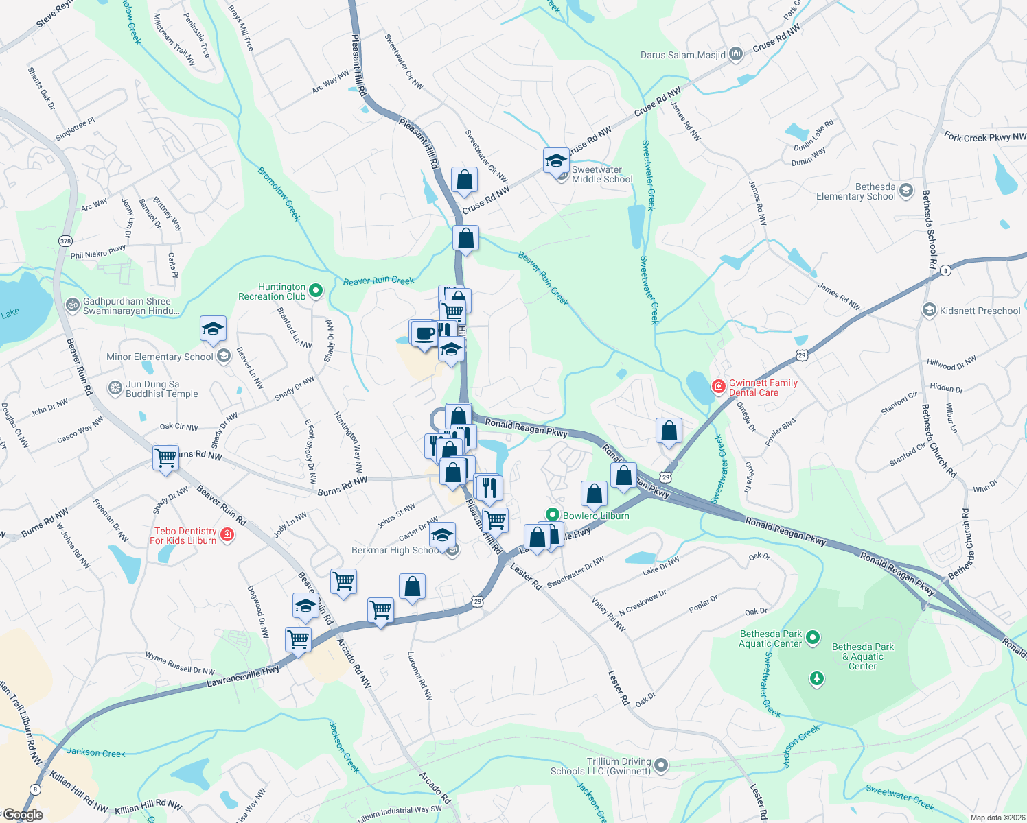 map of restaurants, bars, coffee shops, grocery stores, and more near 792 Ives Way Northwest in Lilburn
