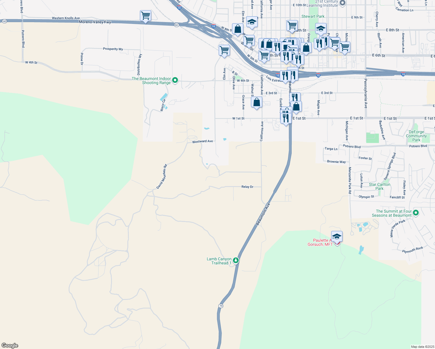 map of restaurants, bars, coffee shops, grocery stores, and more near 14250 Howe Place in Beaumont