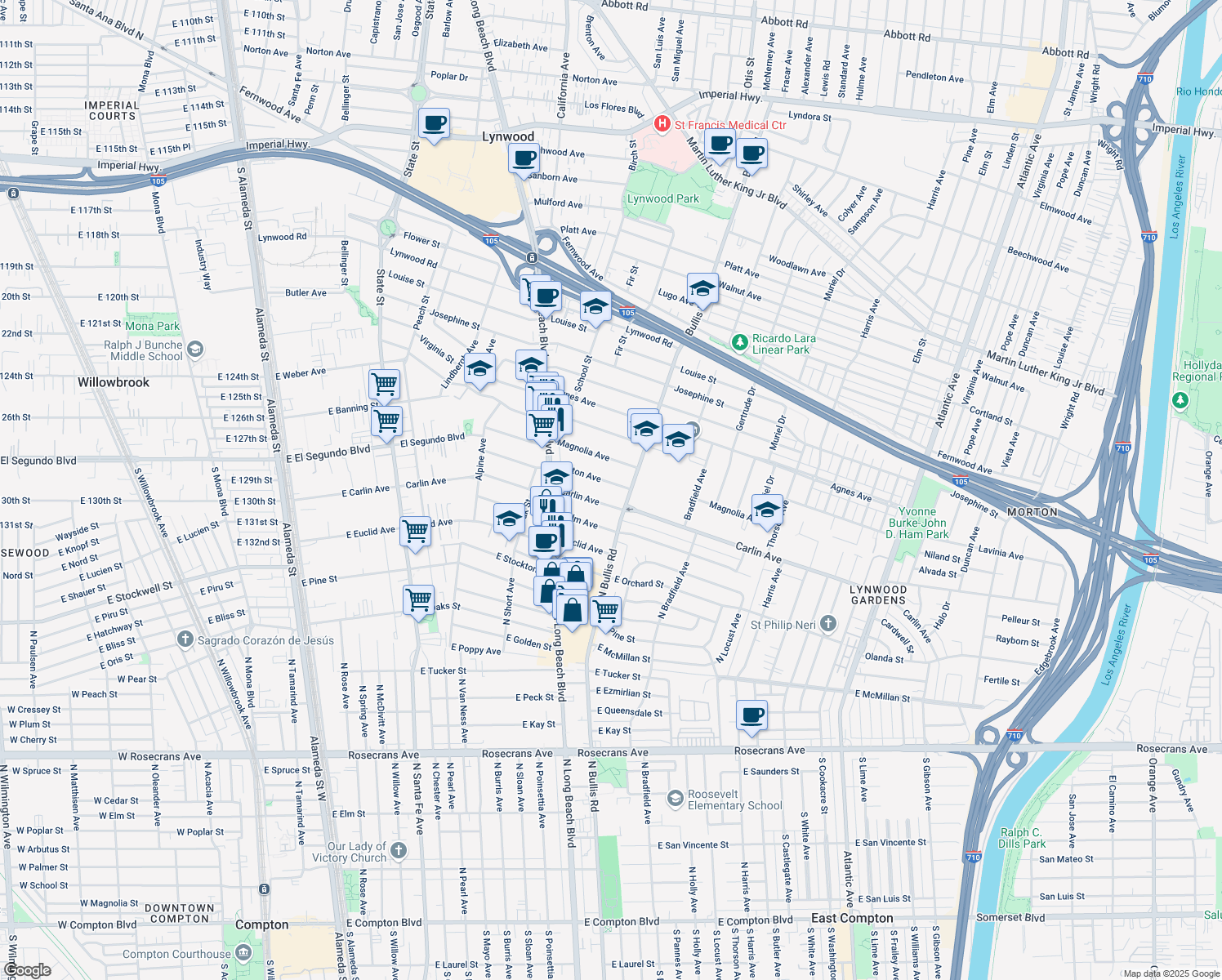 map of restaurants, bars, coffee shops, grocery stores, and more near 3604 Burton Avenue in Lynwood