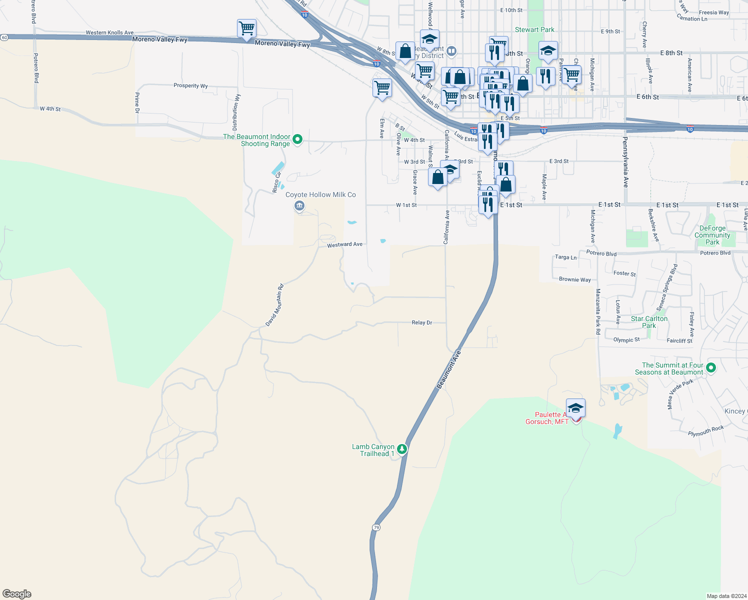 map of restaurants, bars, coffee shops, grocery stores, and more near 14250 Howe Place in Beaumont