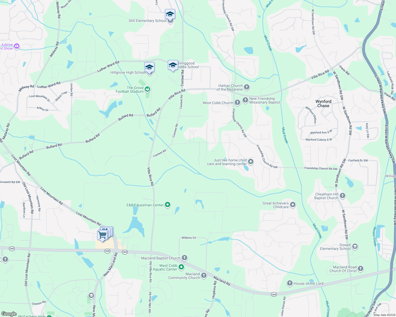 map of restaurants, bars, coffee shops, grocery stores, and more near 3665 North Cook Road in Powder Springs