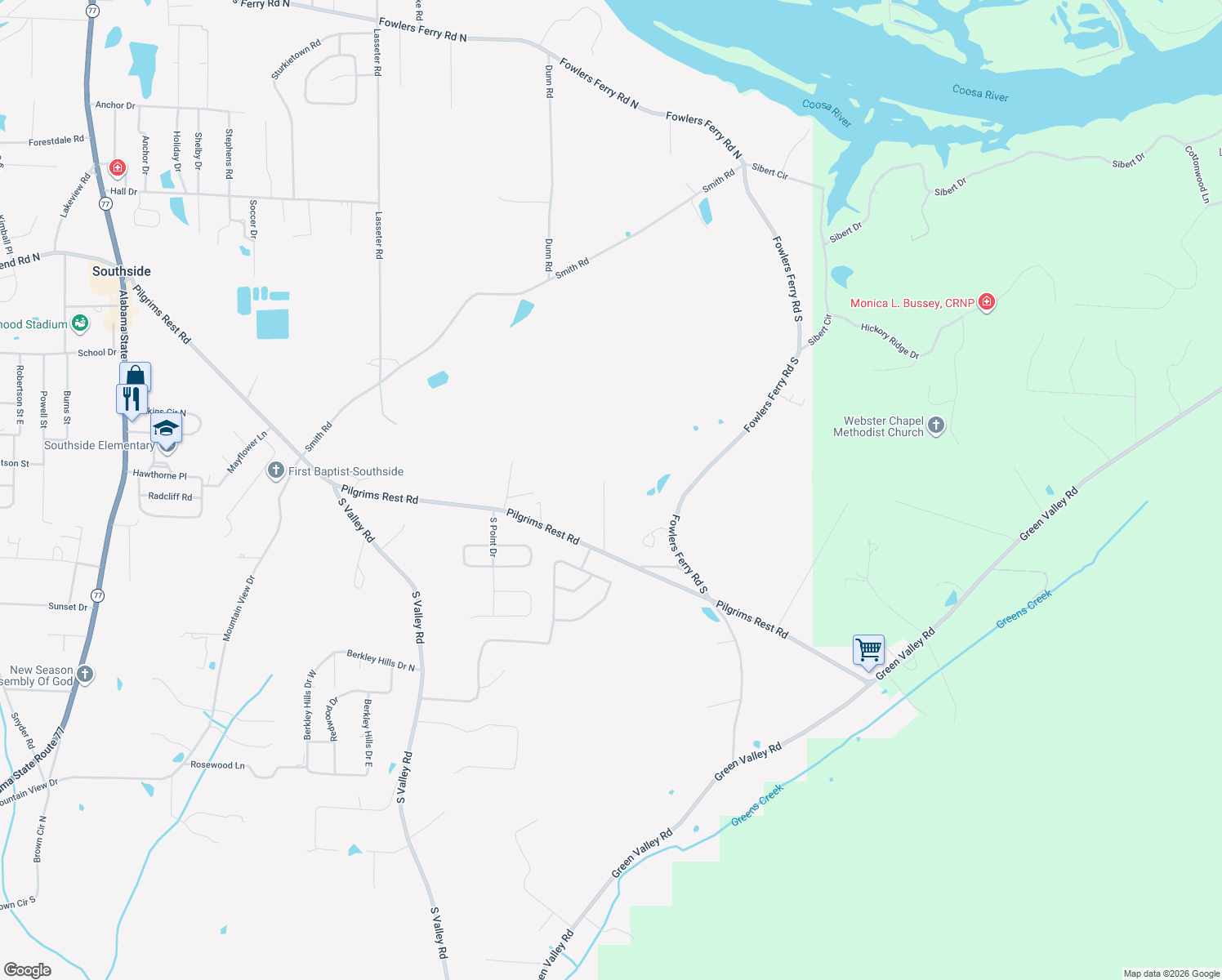 map of restaurants, bars, coffee shops, grocery stores, and more near 2527 Country Rd in Gadsden