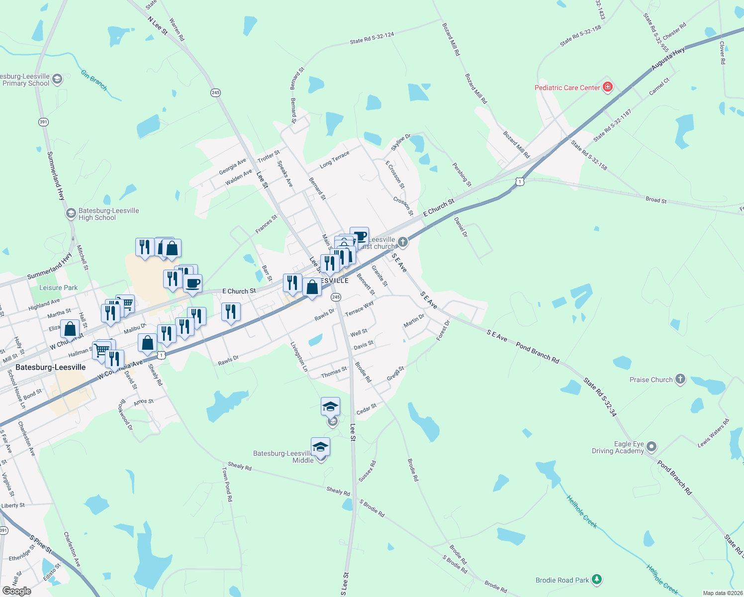 map of restaurants, bars, coffee shops, grocery stores, and more near 133 Bennett Street in Batesburg-Leesville