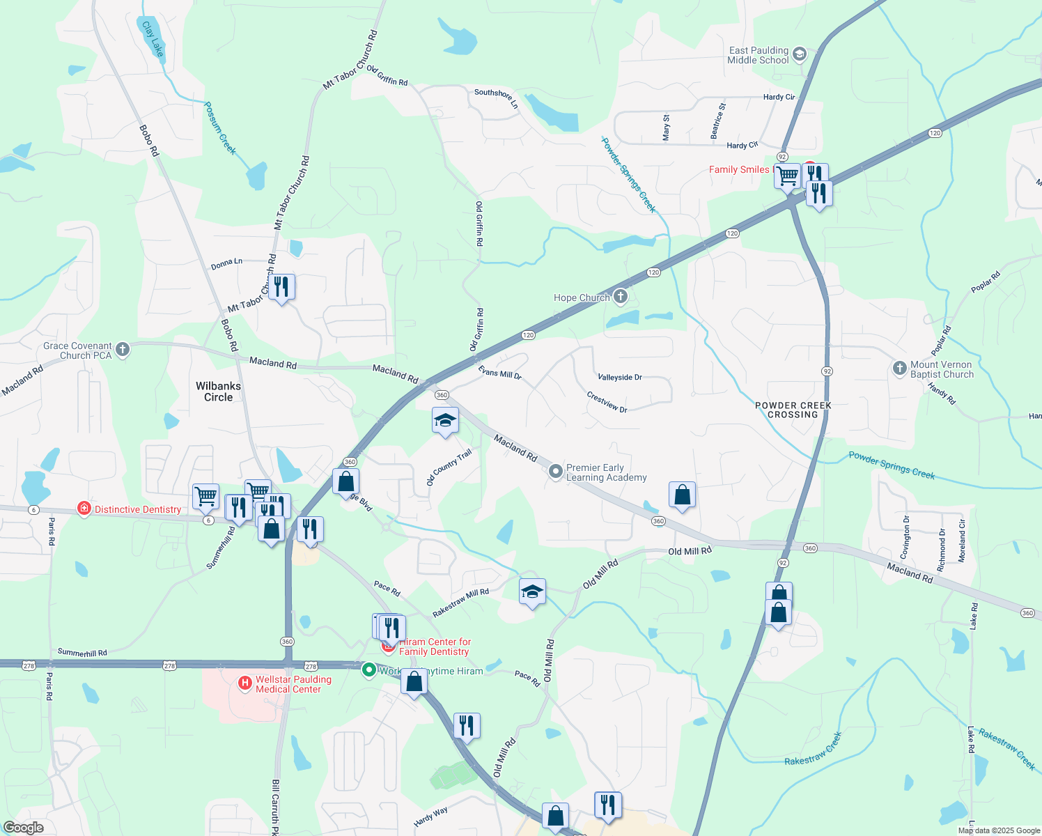 map of restaurants, bars, coffee shops, grocery stores, and more near 118 Valleyside Drive South in Dallas