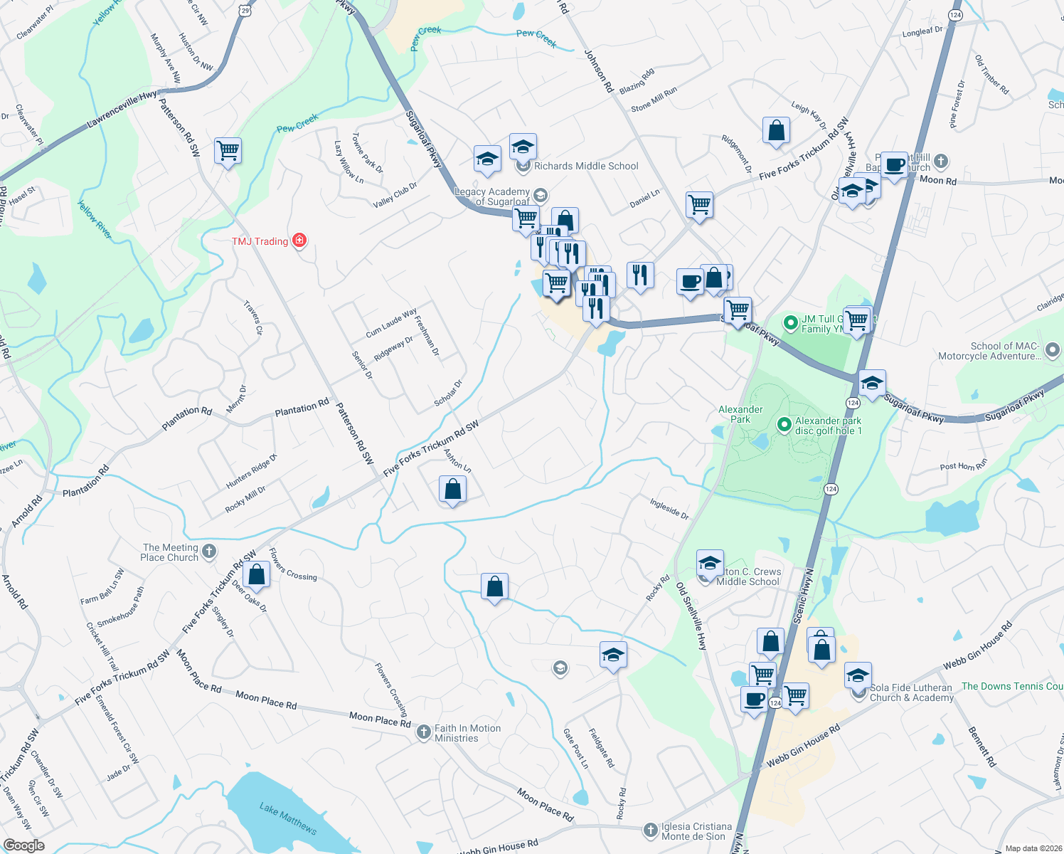 map of restaurants, bars, coffee shops, grocery stores, and more near 1582 Silva Fox Court Southwest in Lawrenceville