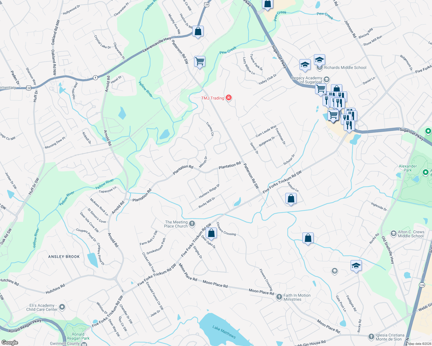 map of restaurants, bars, coffee shops, grocery stores, and more near 1911 Hunters Ridge Dr in Lawrenceville