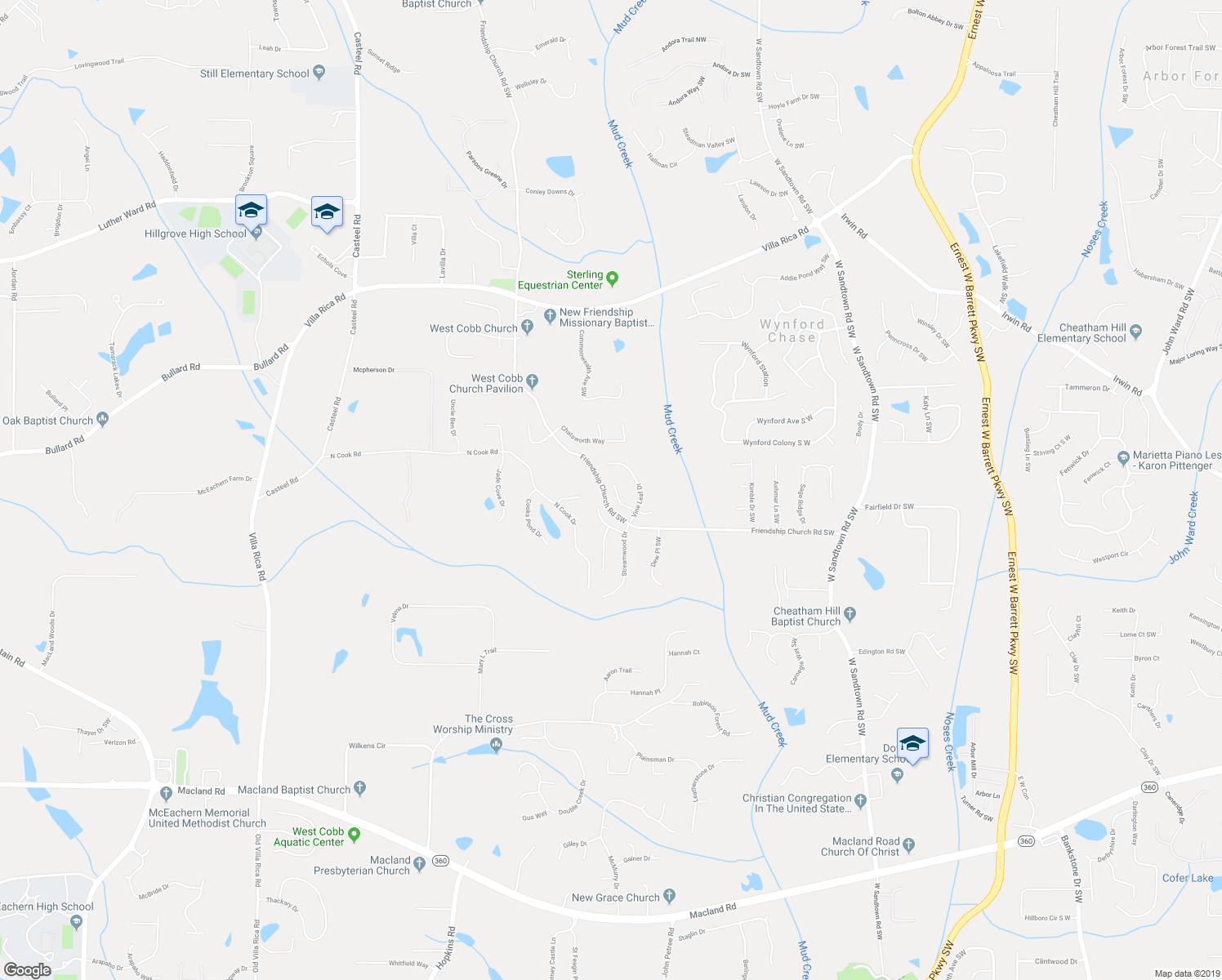 map of restaurants, bars, coffee shops, grocery stores, and more near 3281 Fruitwood Lane in Powder Springs