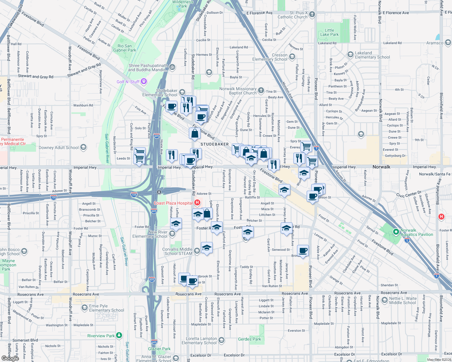 map of restaurants, bars, coffee shops, grocery stores, and more near 12716 Fairford Avenue in Norwalk