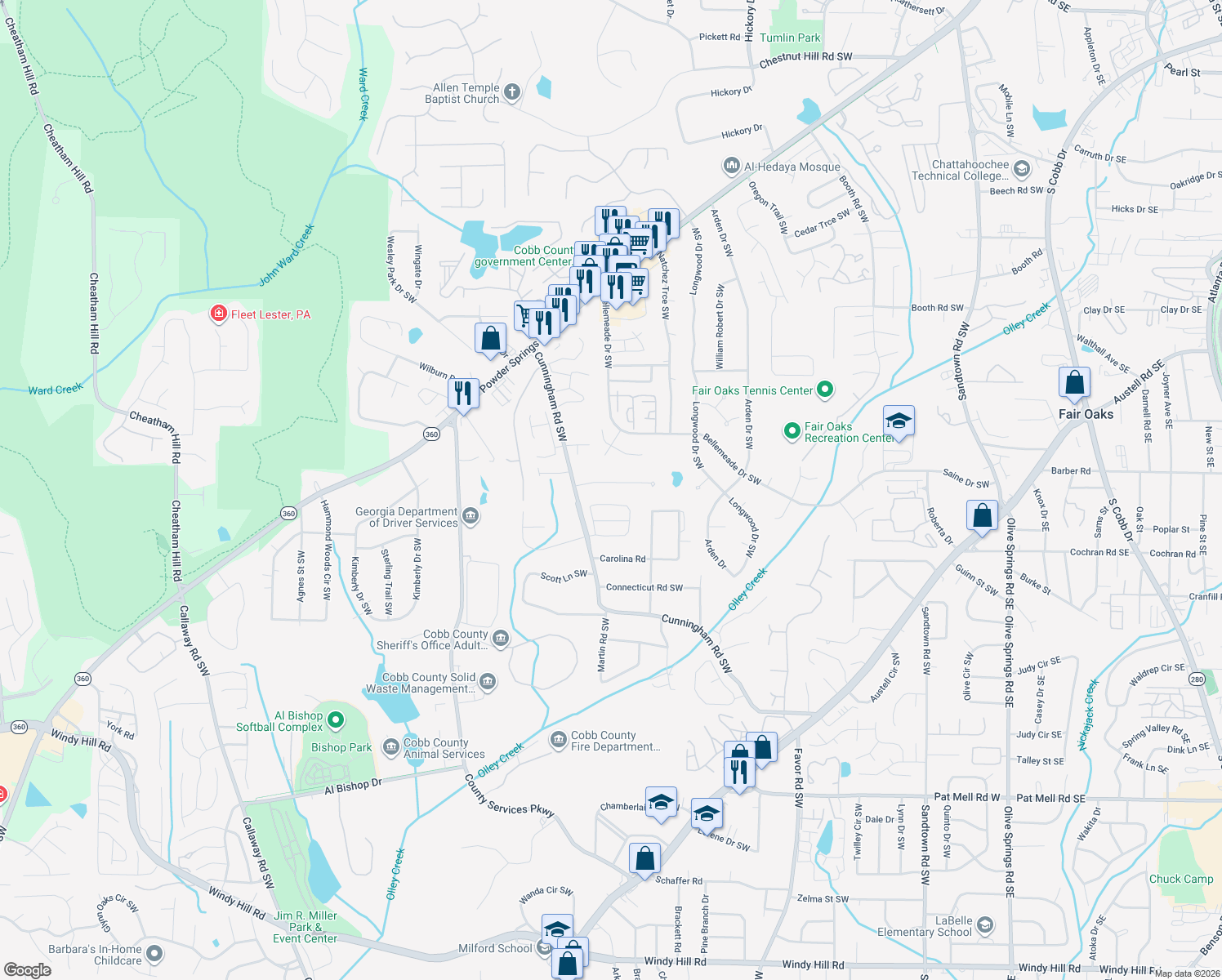 map of restaurants, bars, coffee shops, grocery stores, and more near 699 Lowell Dr SW in Marietta
