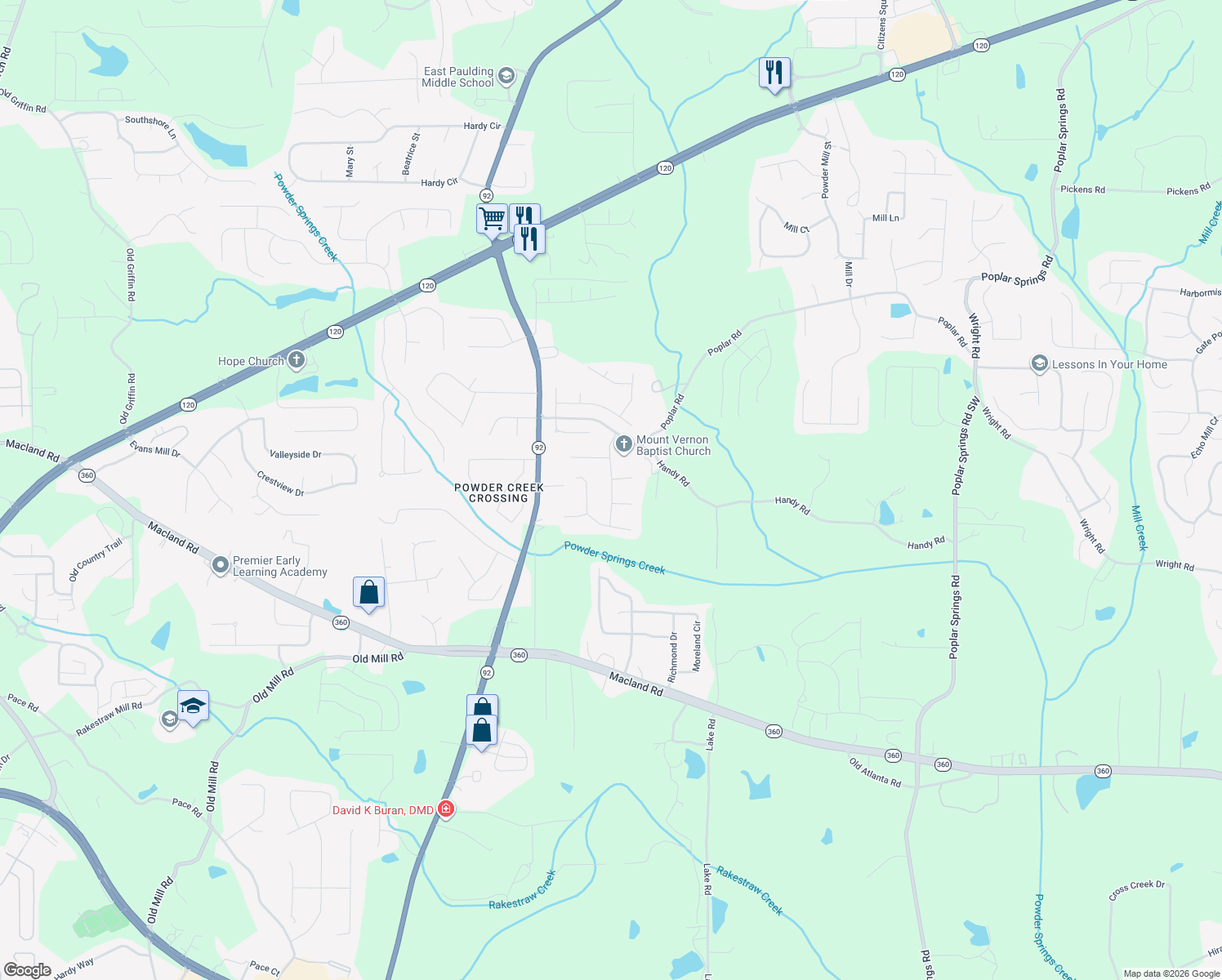map of restaurants, bars, coffee shops, grocery stores, and more near 176 Georgias Ln in Dallas