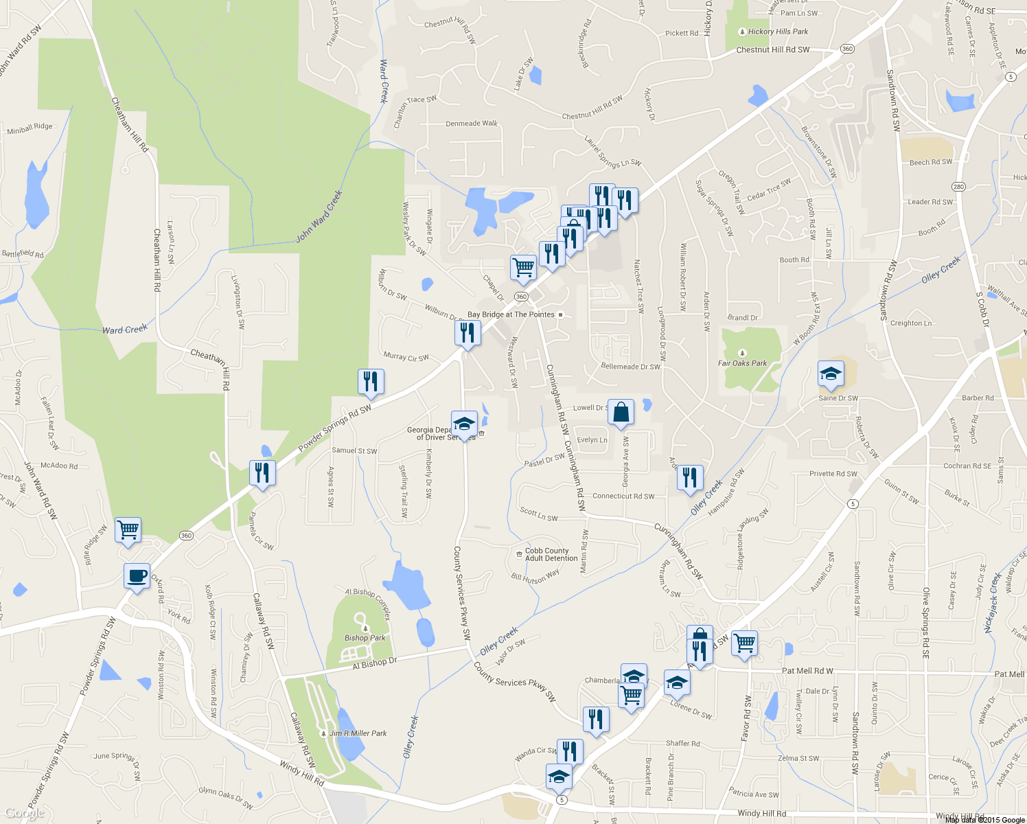 map of restaurants, bars, coffee shops, grocery stores, and more near 1398 Westward Drive Southwest in Marietta