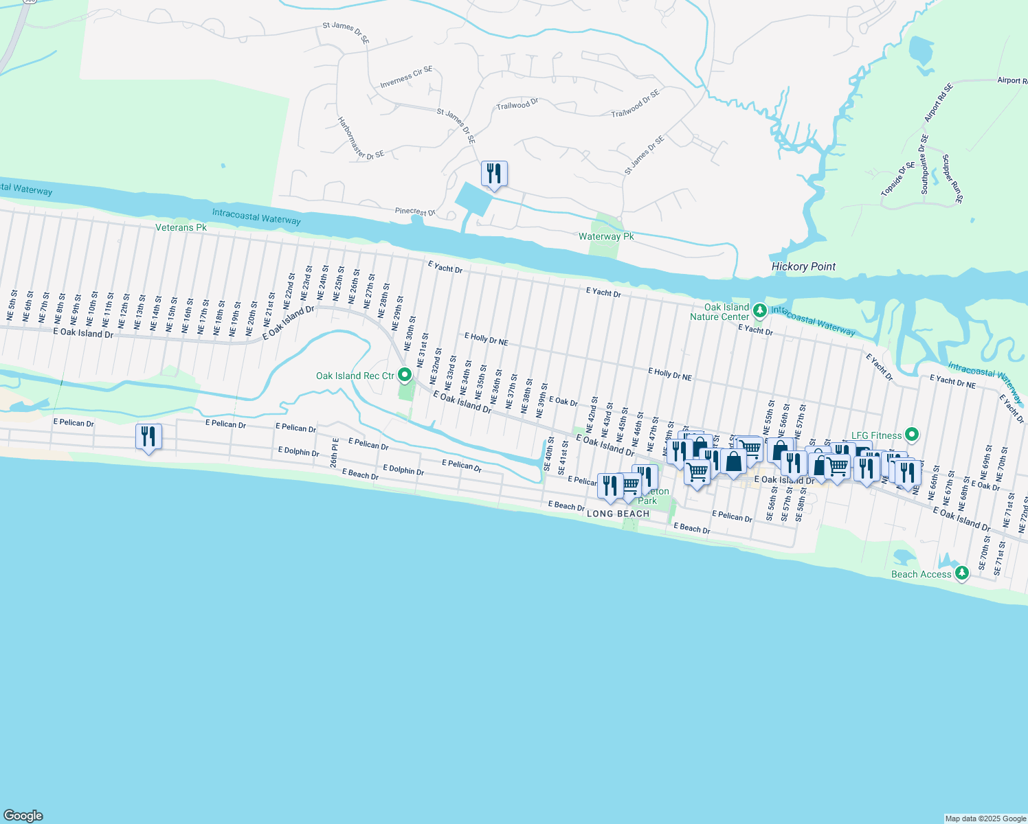 map of restaurants, bars, coffee shops, grocery stores, and more near 3704 East Oak Island Drive in Oak Island