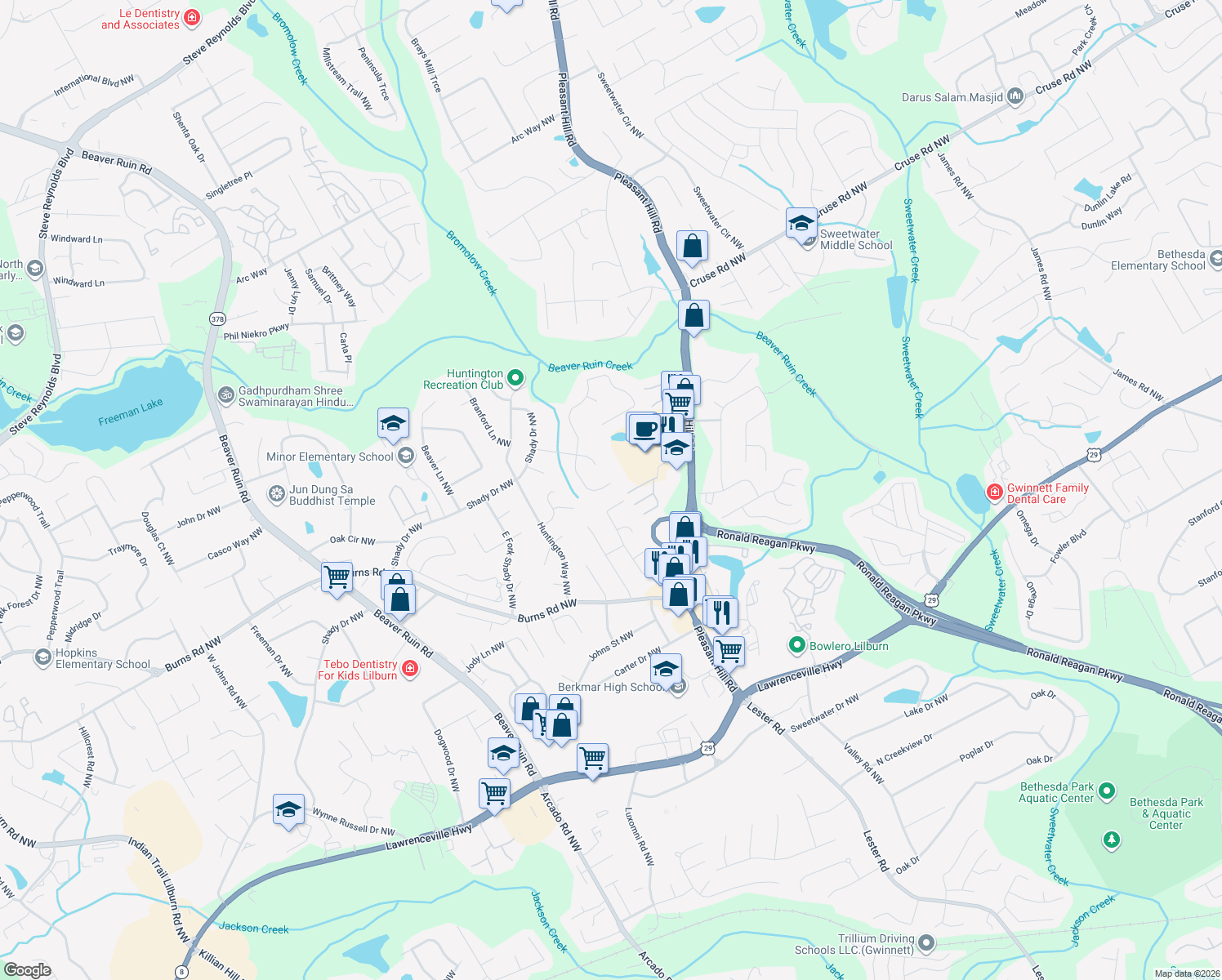 map of restaurants, bars, coffee shops, grocery stores, and more near 678 Saybrook Cir NW in Lilburn