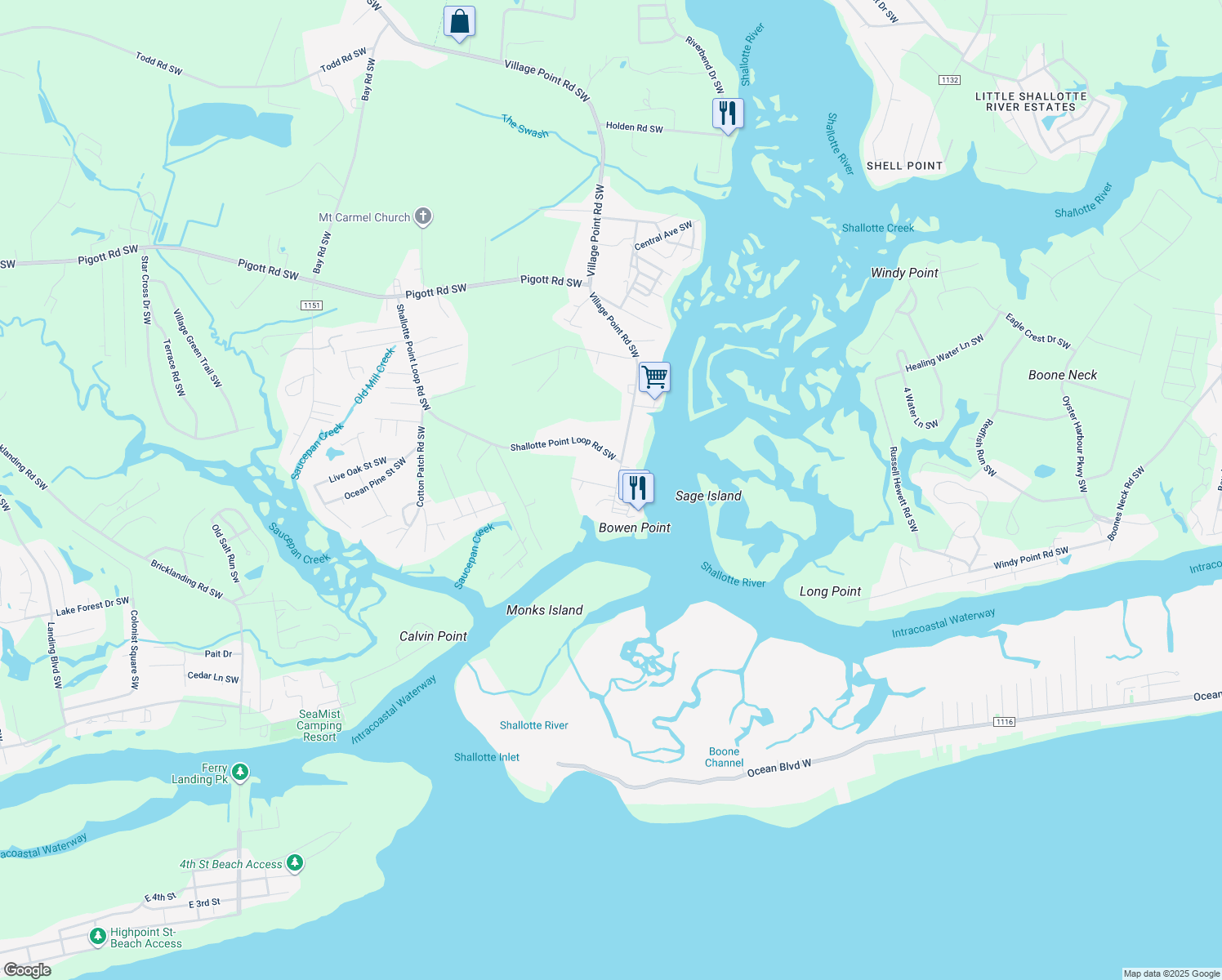 map of restaurants, bars, coffee shops, grocery stores, and more near 1733 Village Point Road Southwest in Shallotte
