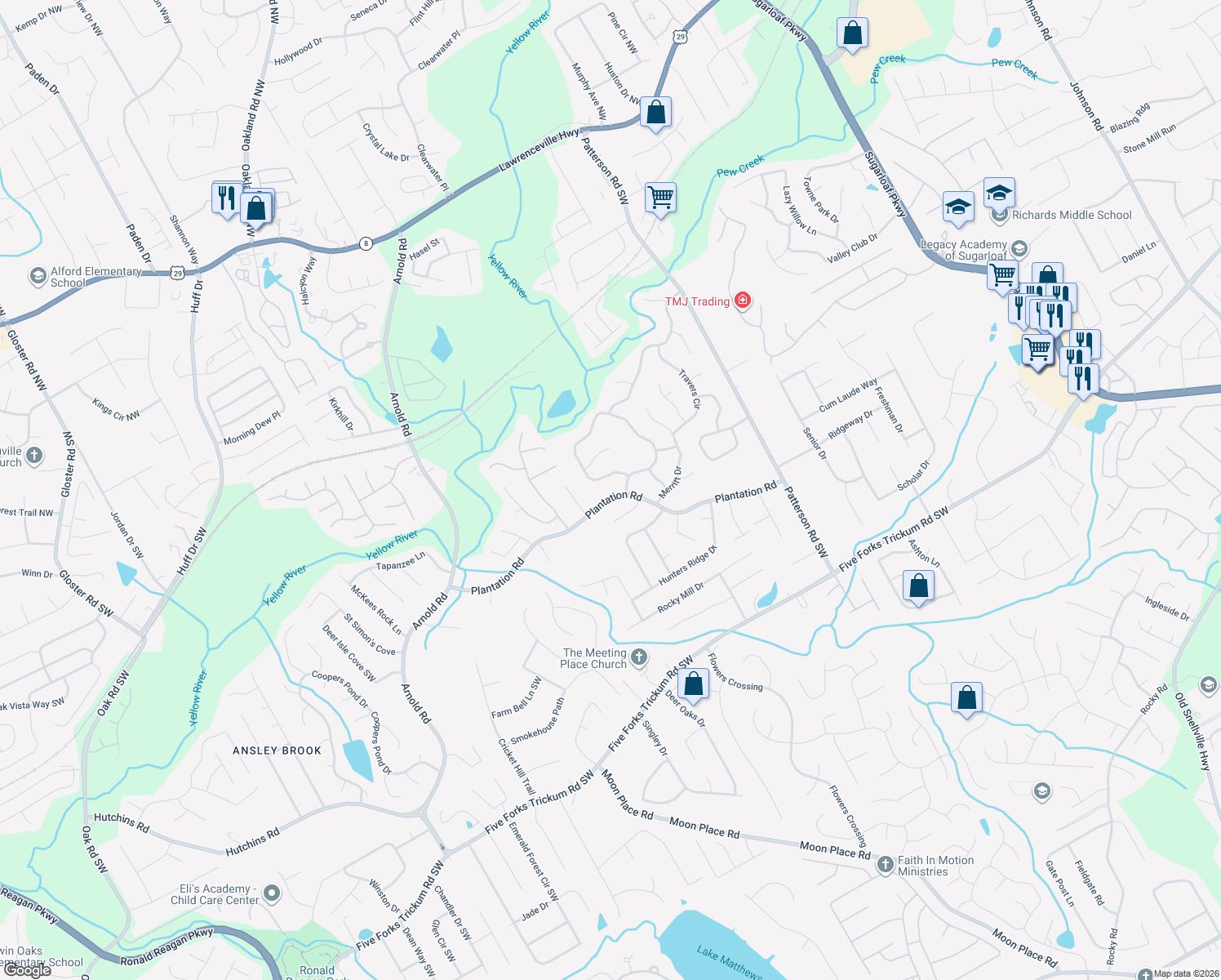 map of restaurants, bars, coffee shops, grocery stores, and more near 2075 Plantation Rd in Lawrenceville