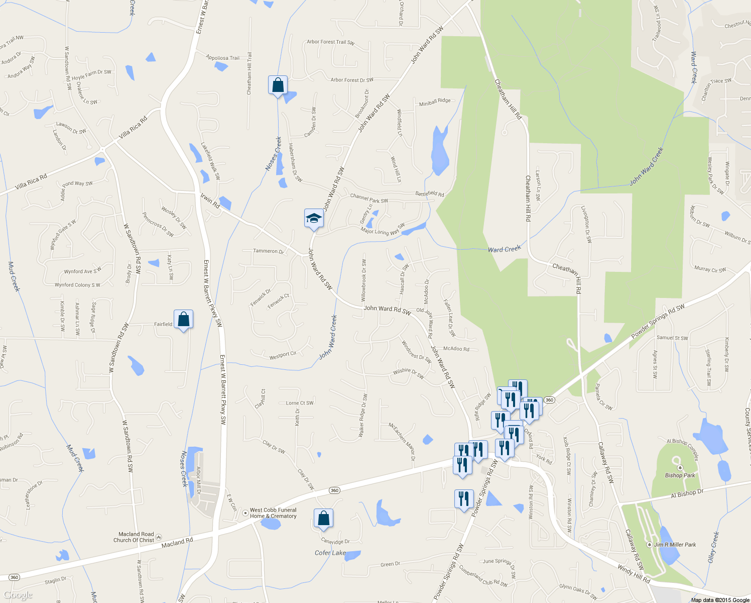 map of restaurants, bars, coffee shops, grocery stores, and more near 1509 John Ward Road Southwest in Marietta