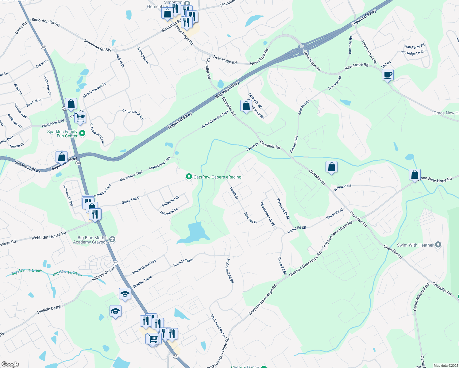 map of restaurants, bars, coffee shops, grocery stores, and more near 1461 Leach Drive in Lawrenceville