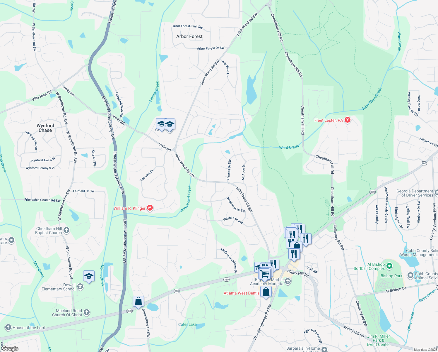 map of restaurants, bars, coffee shops, grocery stores, and more near 1533 John Ward Road Southwest in Marietta