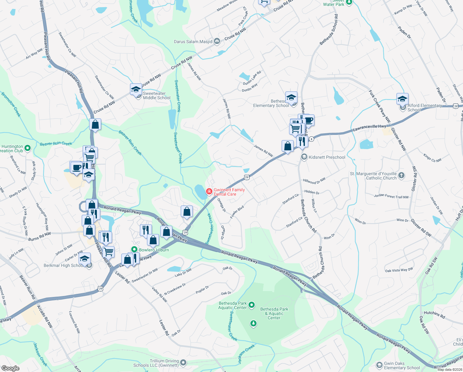 map of restaurants, bars, coffee shops, grocery stores, and more near 3333 Lawrenceville Highway in Lawrenceville