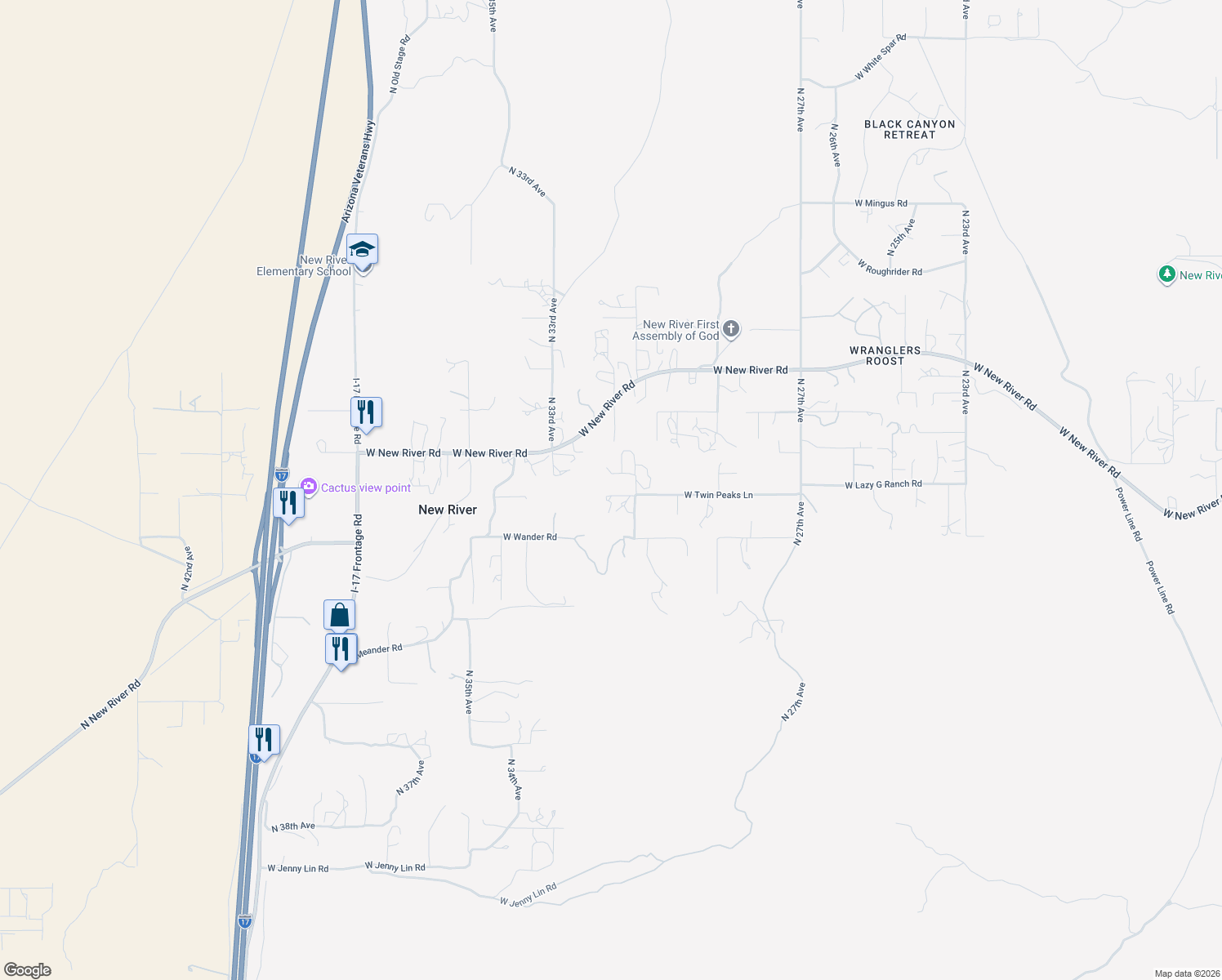 map of restaurants, bars, coffee shops, grocery stores, and more near 47700 North 31st Avenue in New River