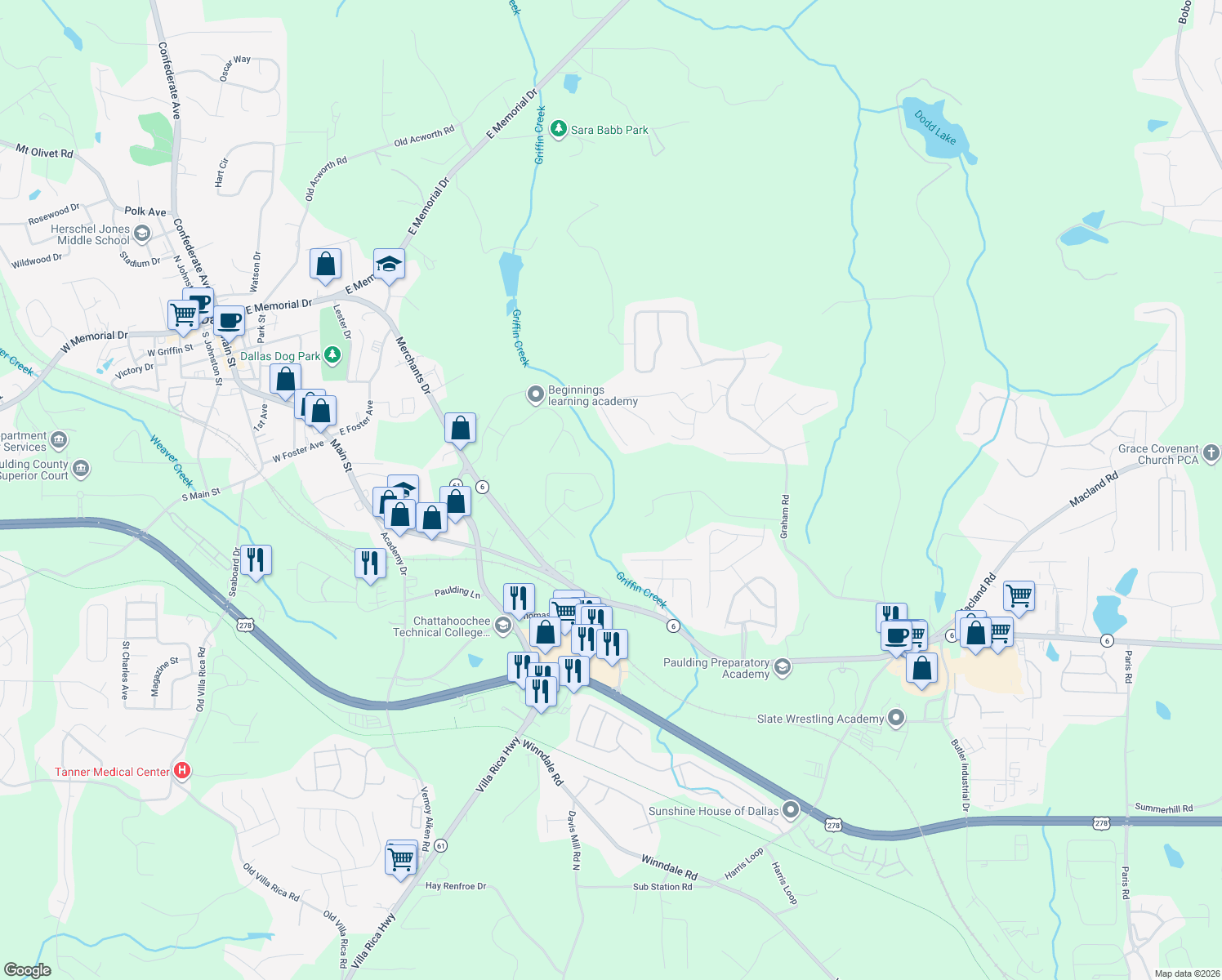 map of restaurants, bars, coffee shops, grocery stores, and more near 259 Bainbridge Circle in Dallas