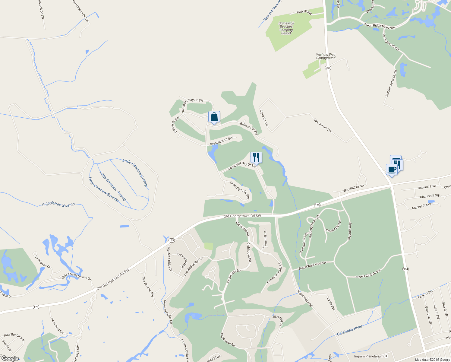 map of restaurants, bars, coffee shops, grocery stores, and more near 948 Great Egret Circle Southwest in Sunset Beach