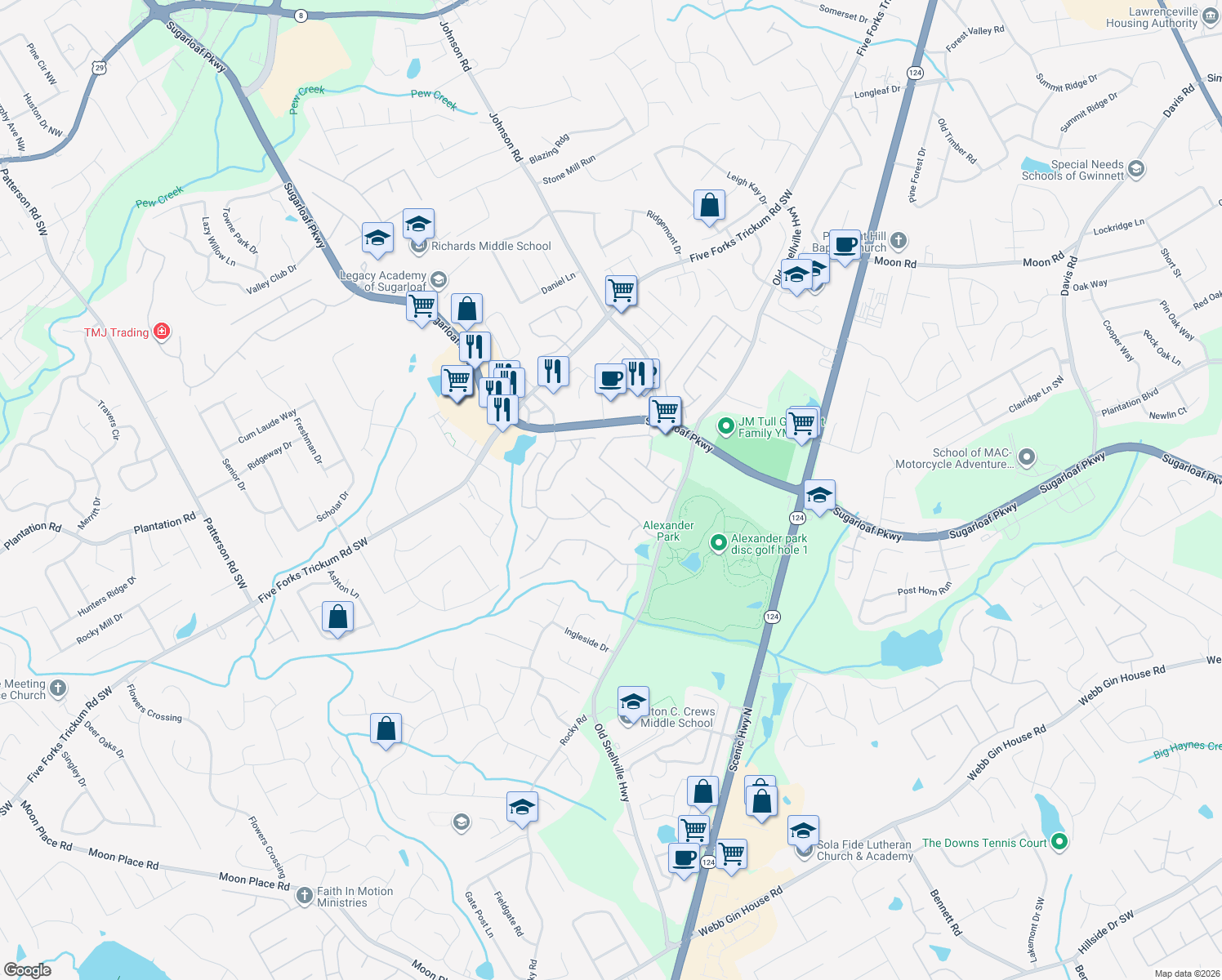 map of restaurants, bars, coffee shops, grocery stores, and more near 1254 Thorncliff Ct in Lawrenceville