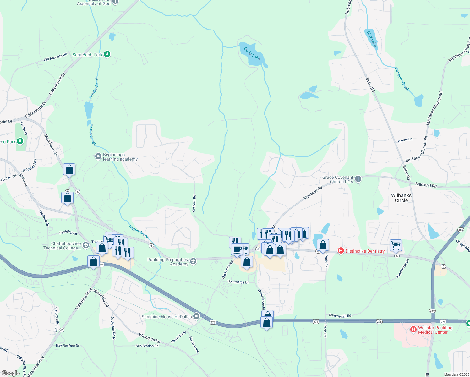 map of restaurants, bars, coffee shops, grocery stores, and more near 573 Coach Bobby Dodd Road in Dallas