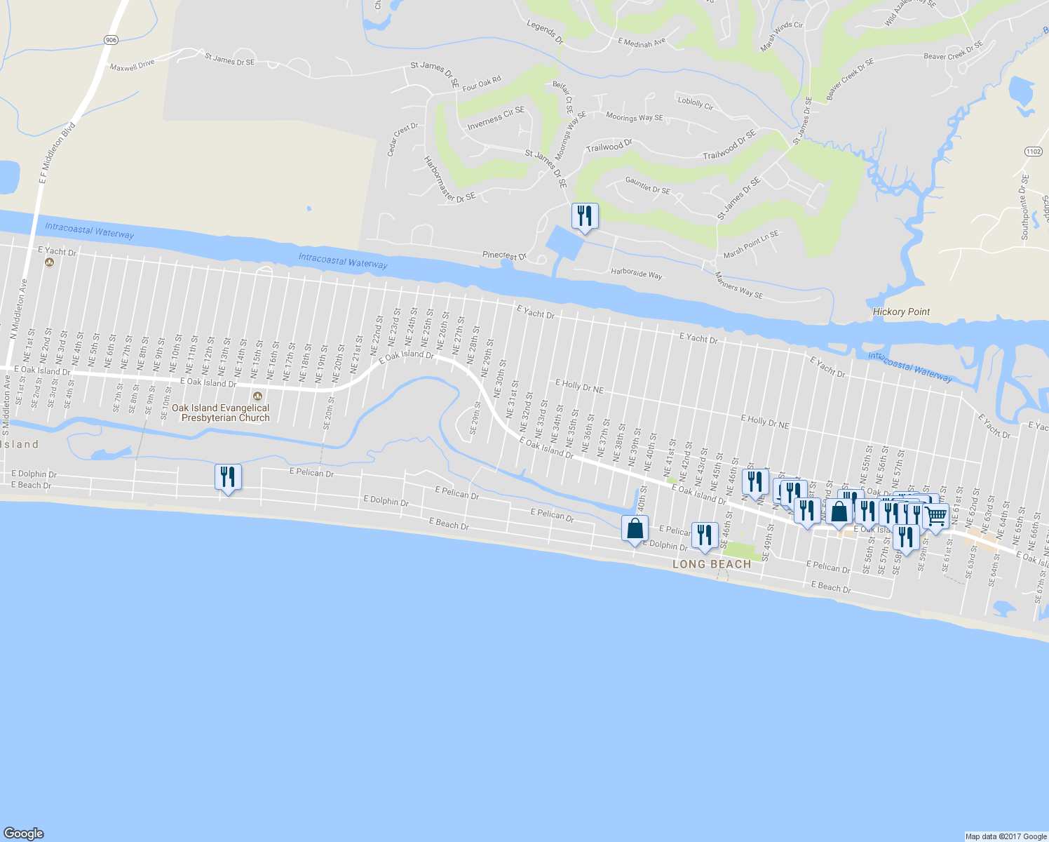 map of restaurants, bars, coffee shops, grocery stores, and more near 108 Northeast 32nd Street in Oak Island