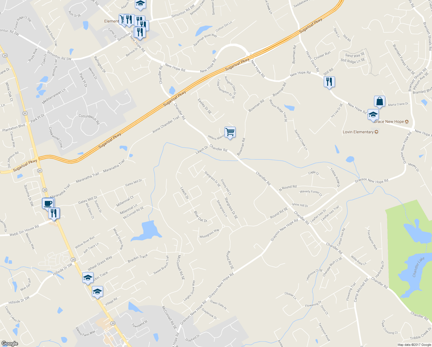 map of restaurants, bars, coffee shops, grocery stores, and more near 239 Stargrass Way Southeast in Grayson