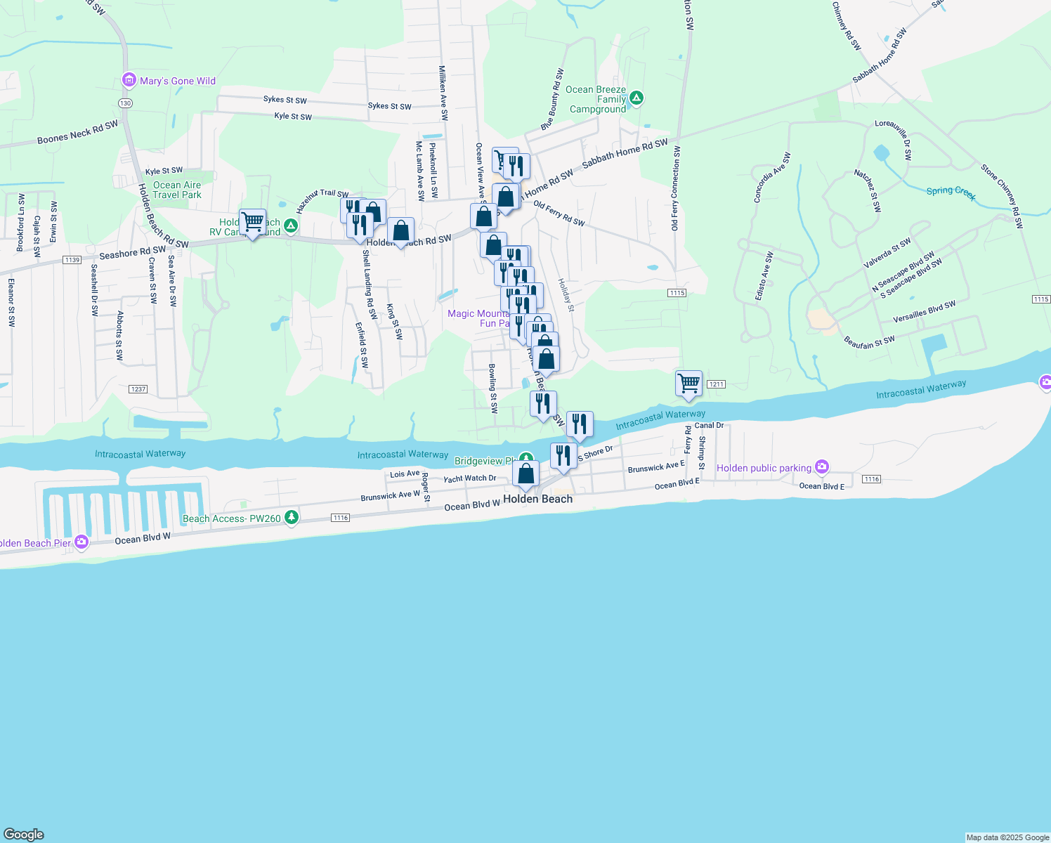 map of restaurants, bars, coffee shops, grocery stores, and more near 1334 Cedar Landing Rd SW in Brunswick