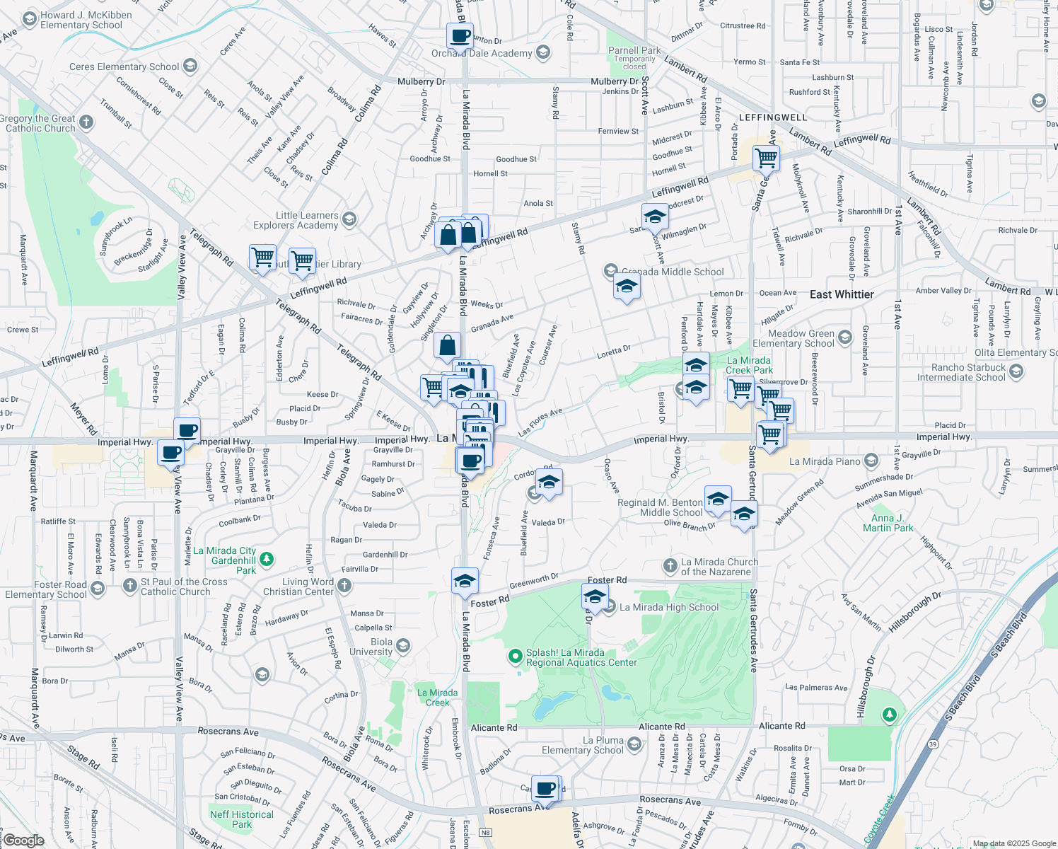map of restaurants, bars, coffee shops, grocery stores, and more near 15137 Las Flores Avenue in La Mirada