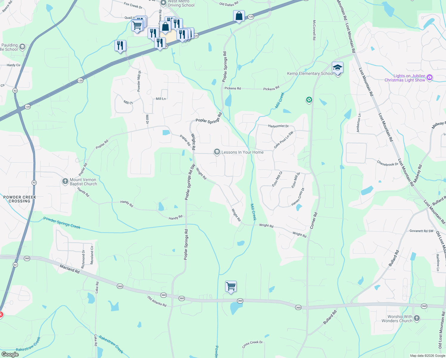 map of restaurants, bars, coffee shops, grocery stores, and more near 5601 Maxon Marsh Drive in Hiram