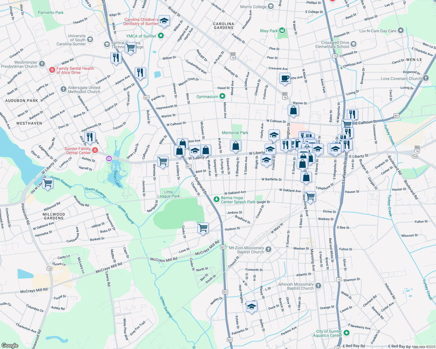 map of restaurants, bars, coffee shops, grocery stores, and more near 31 Sampson Street in Sumter