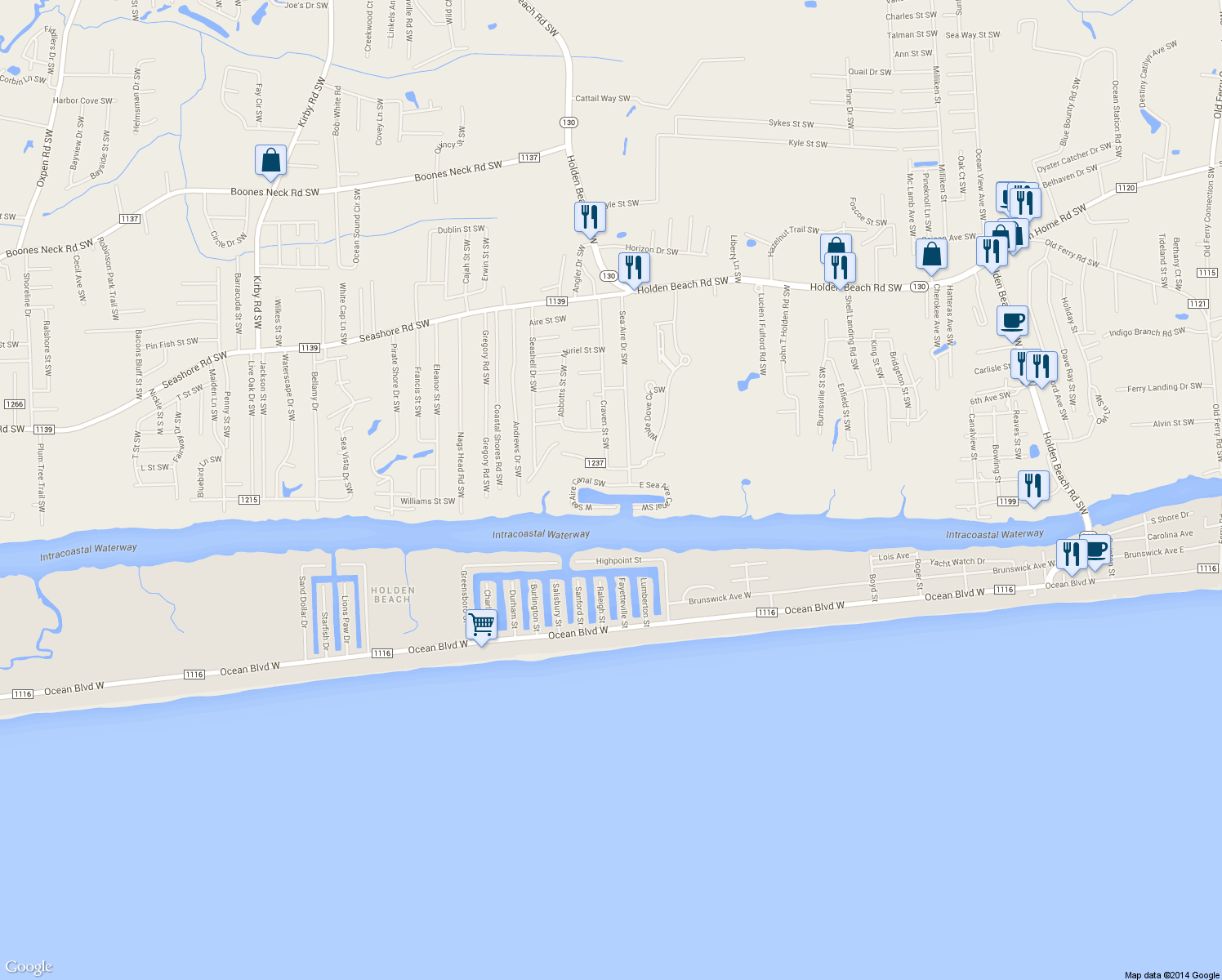 map of restaurants, bars, coffee shops, grocery stores, and more near 1923 W Sea Aire Canal Southwest in Supply