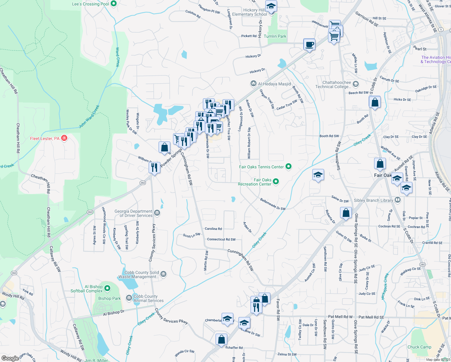 map of restaurants, bars, coffee shops, grocery stores, and more near 1344 Surrey Lane Southwest in Marietta